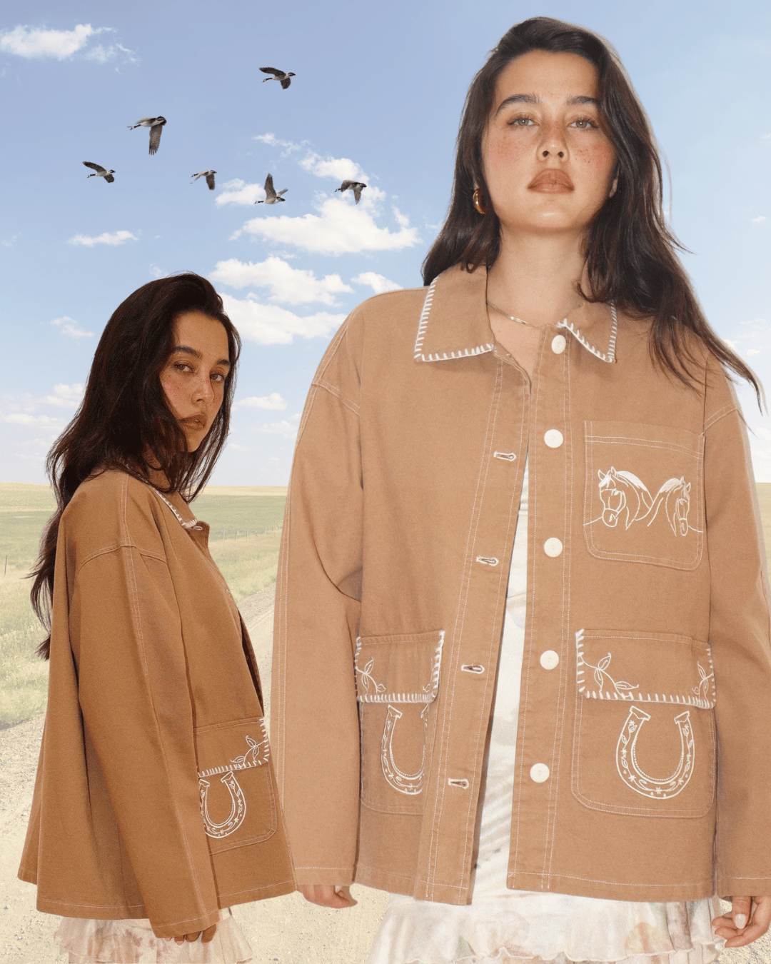 a girl wearing an oversized tan western style jacket