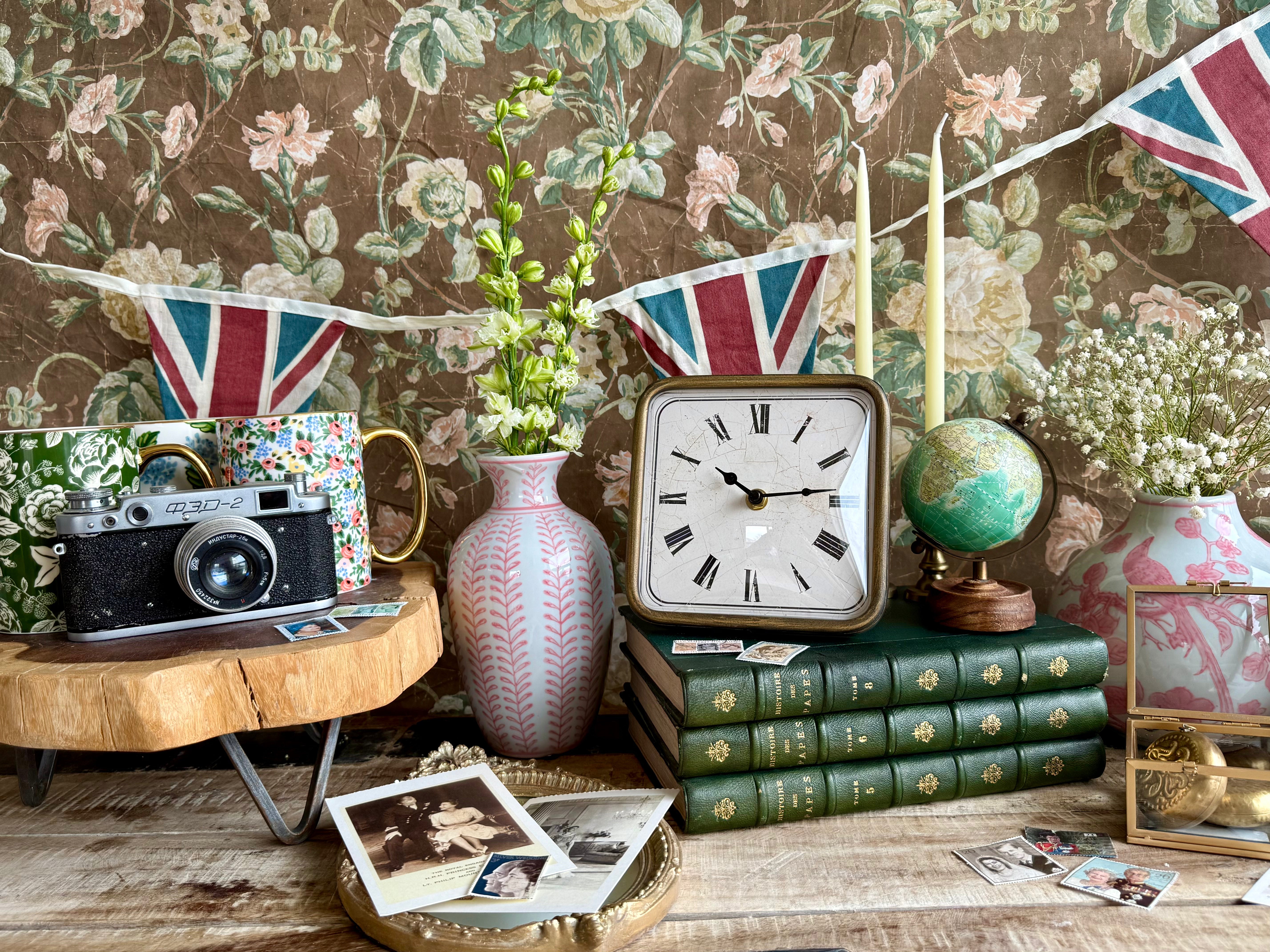Product shoot of london decor with a camera, clock, flag, etc.