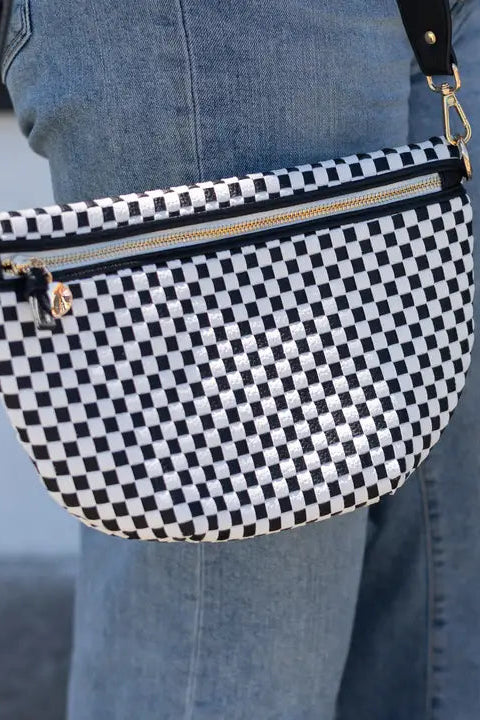 Person holding a black and white checkered handbag with a blurred background