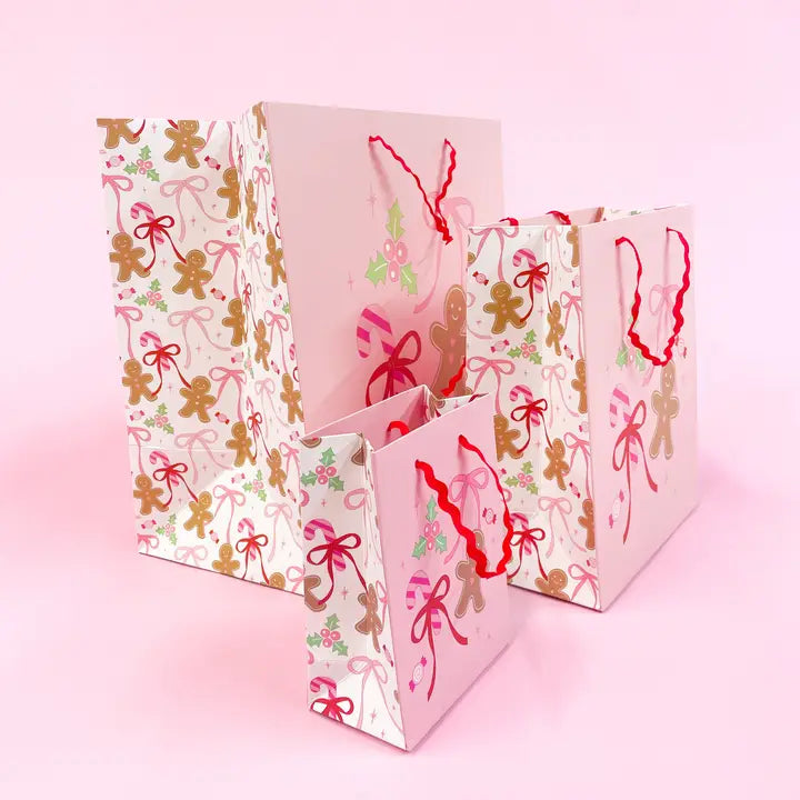 Pink Christmas Gingerbread Bows Gift Bag with Tag