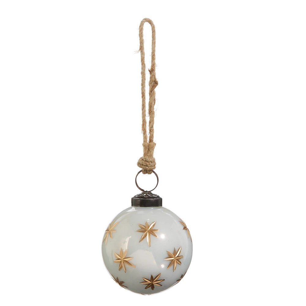Ivory With Gold Star Etched Ball Ornament