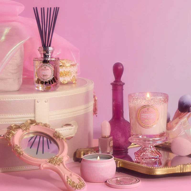 Perfectly Pink Yuzu Wicked Candle product shoot.