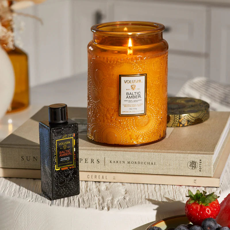 Voluspa Baltic Amber Candle product shoot.