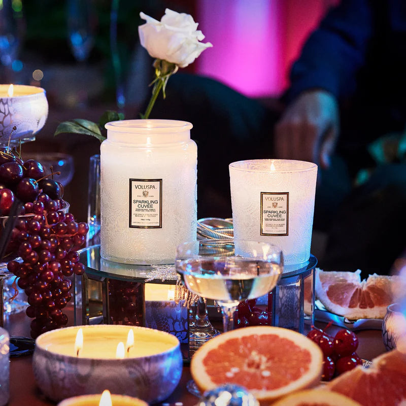 Sparkling cuvee candle product shoot.