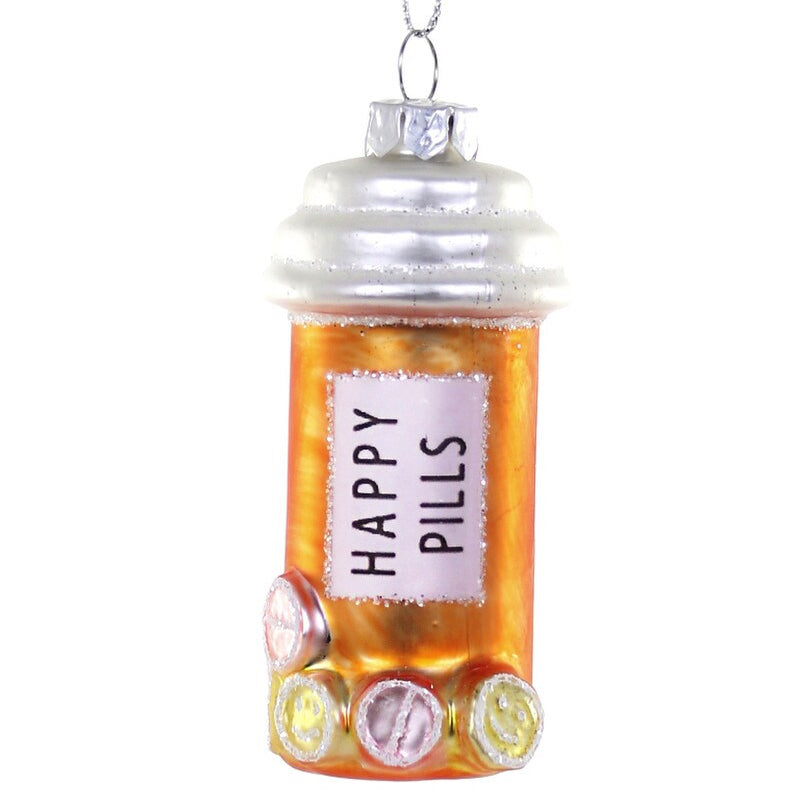 Decorative ornament shaped like a pill bottle with 'Happy Pills' text on a white background