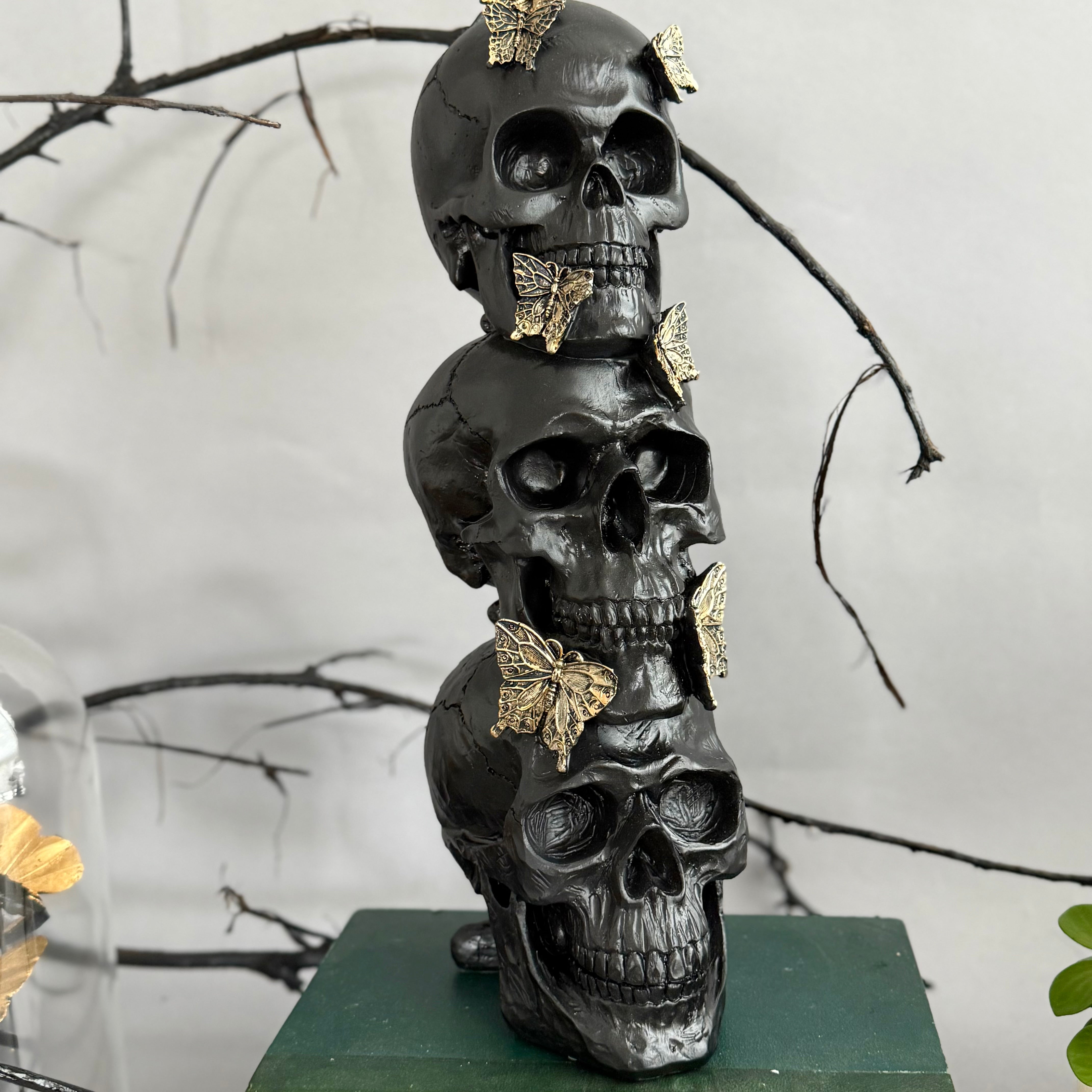 3 Stacked Skulls with Gold Butterflies