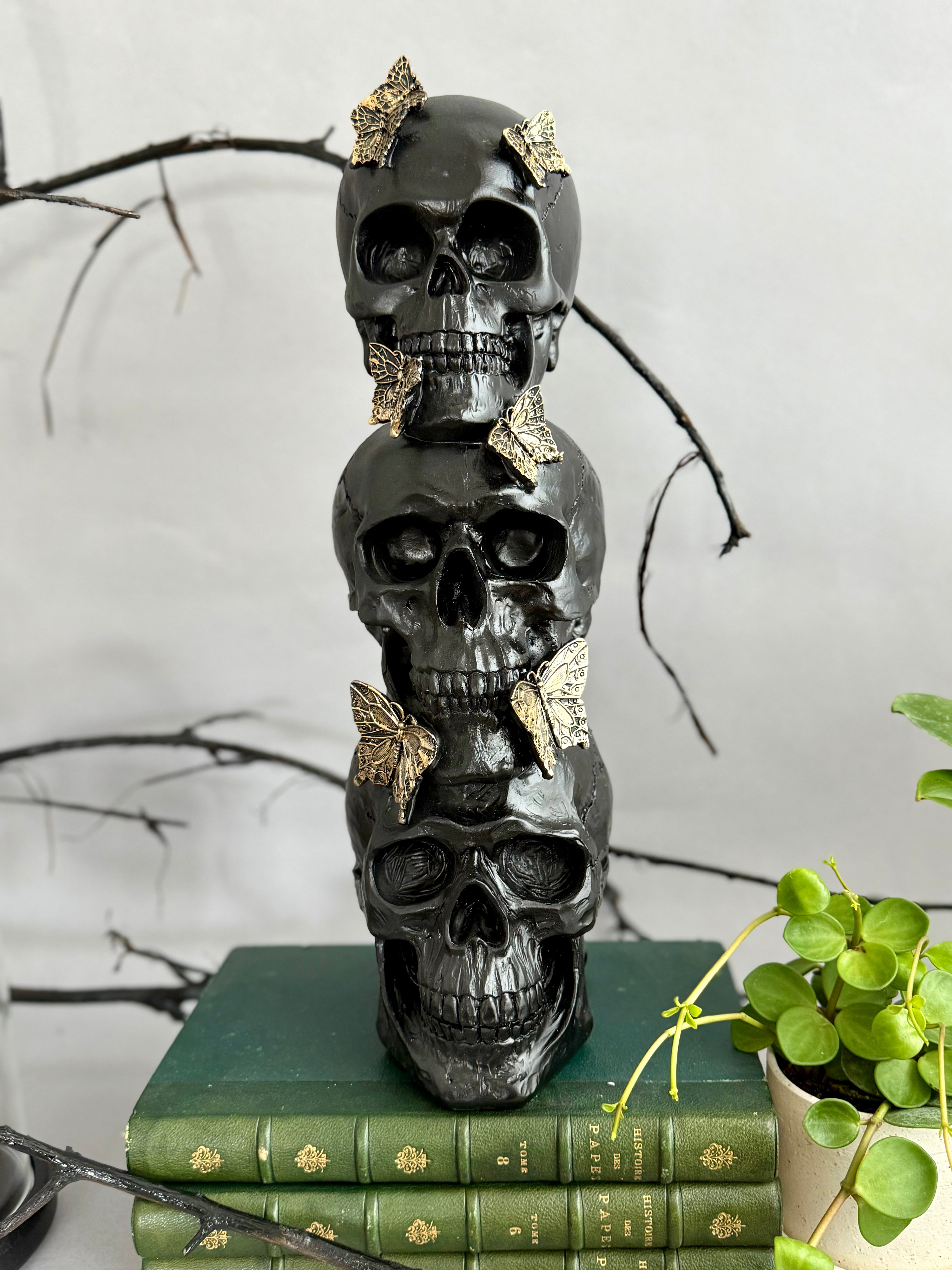3 Stacked Skulls with Gold Butterflies