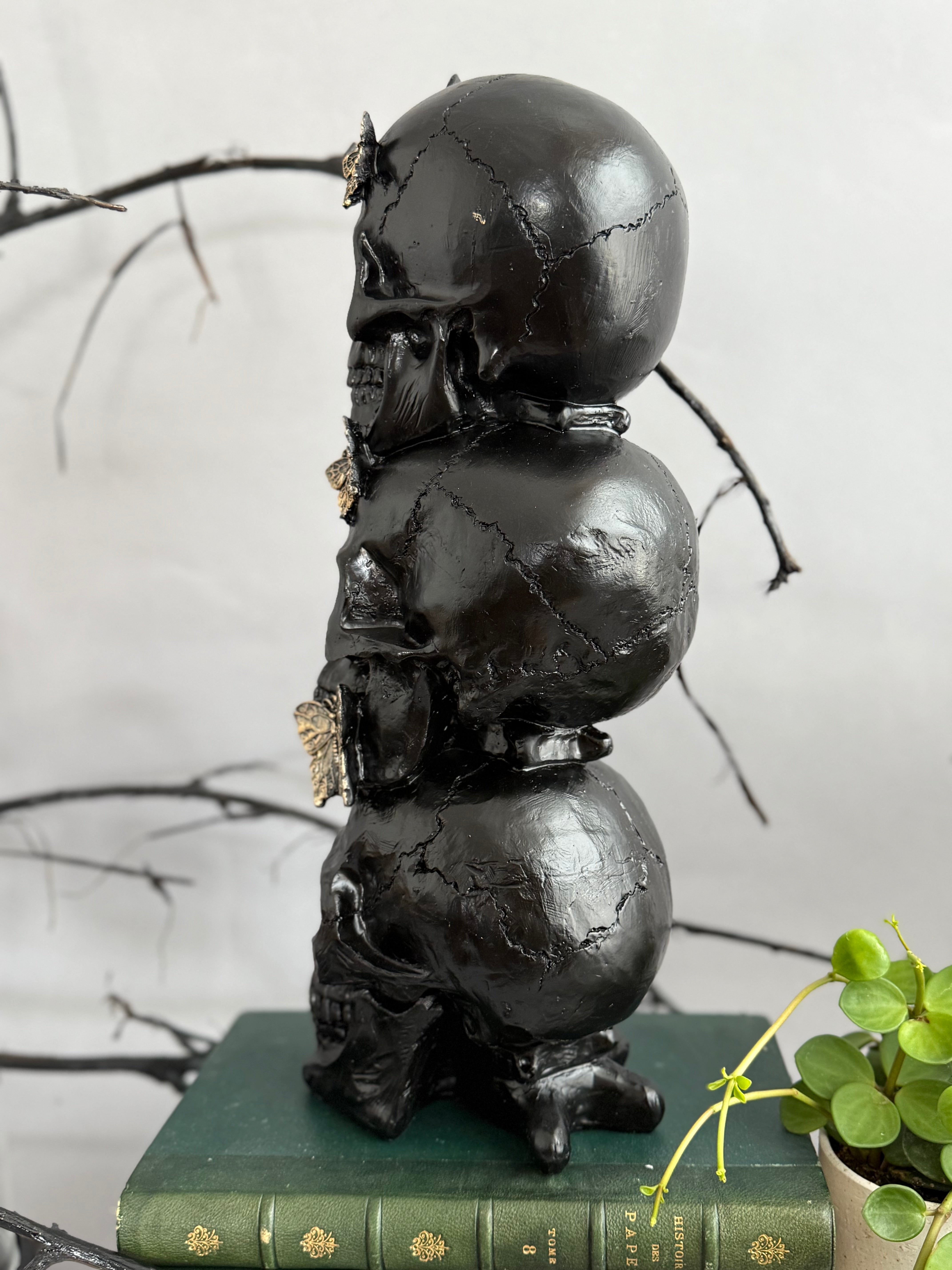 3 Stacked Skulls with Gold Butterflies