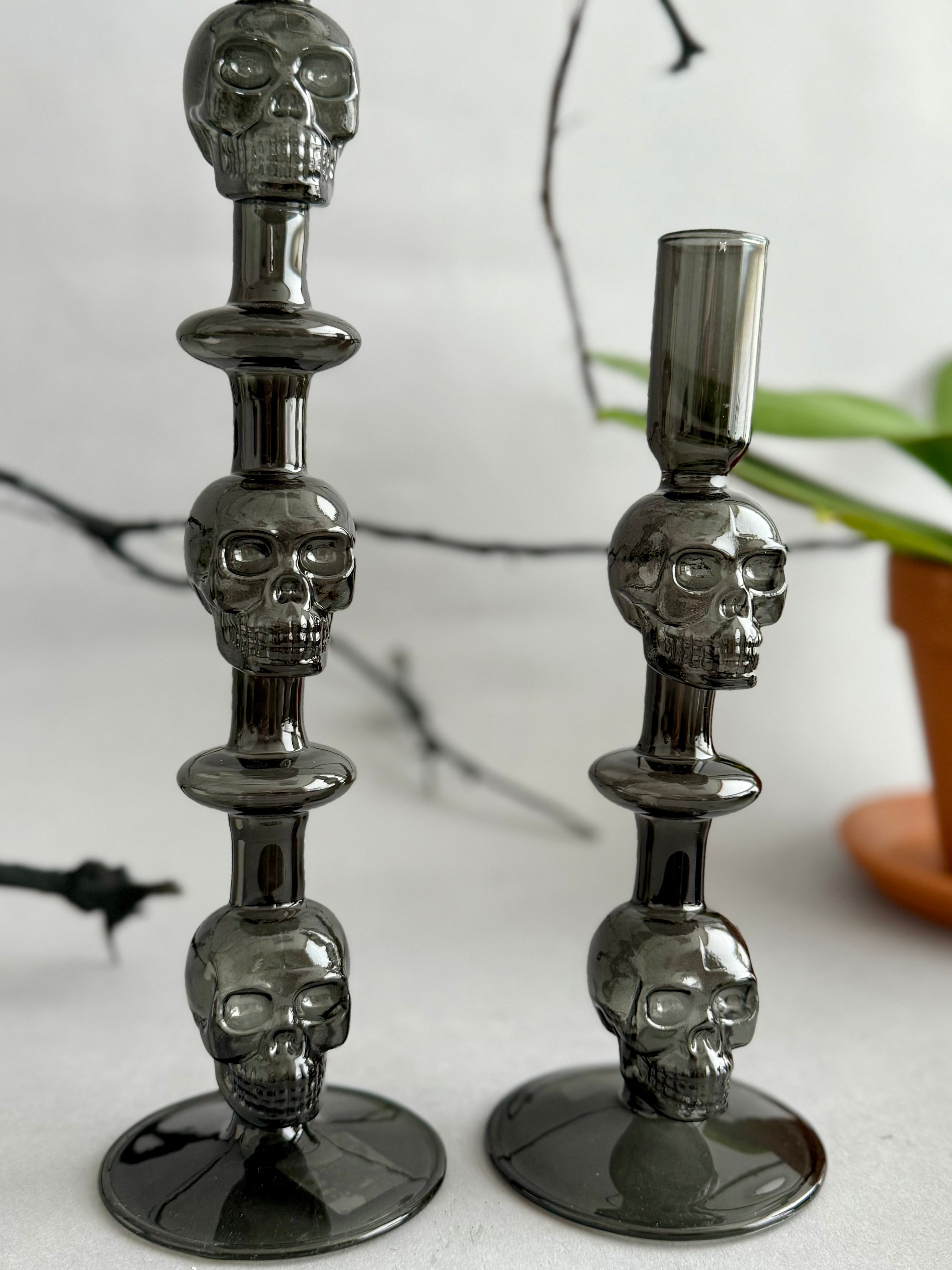 Glass Skull Taper Candleholders