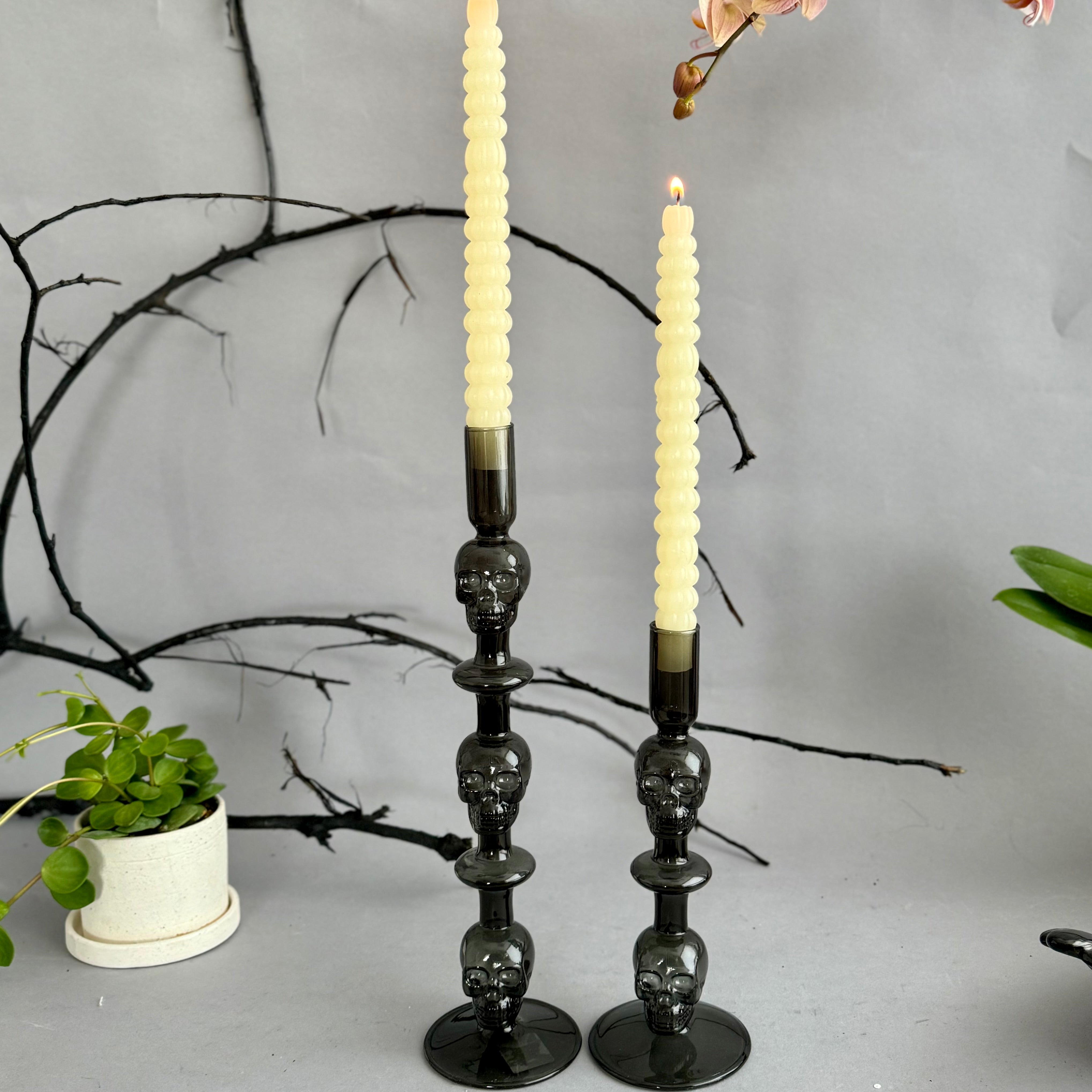 Glass Skull Taper Candleholders