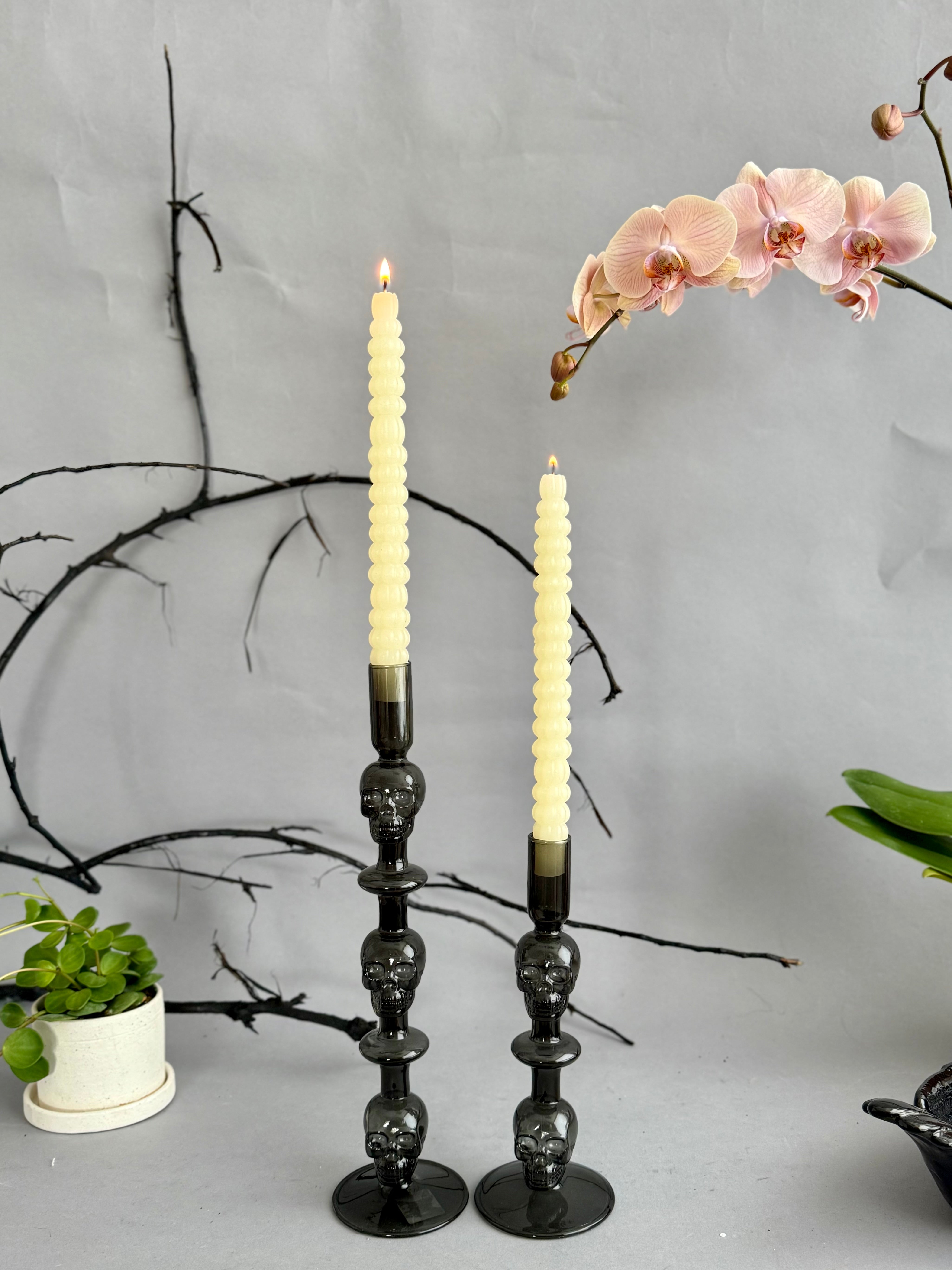 Glass Skull Taper Candleholders