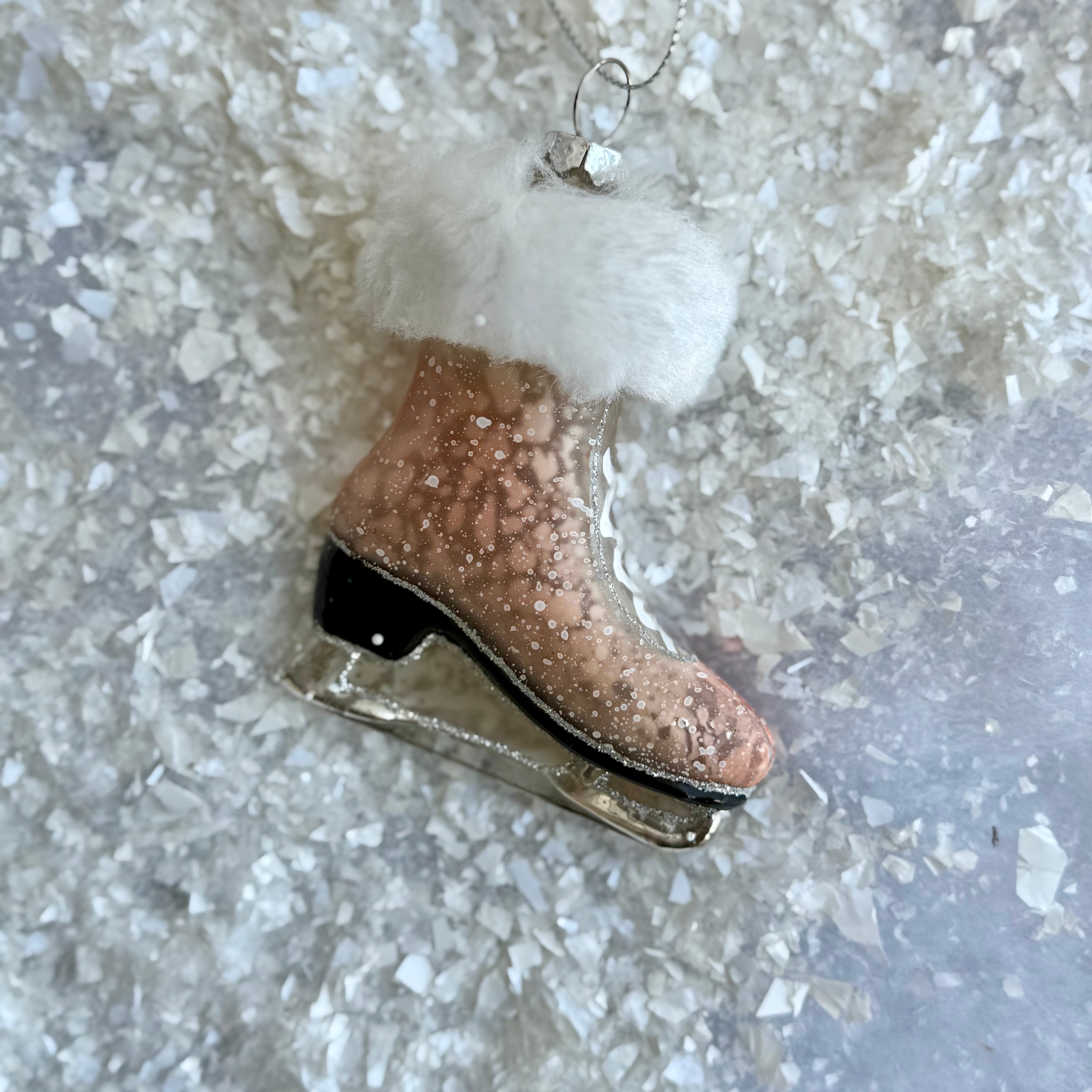 Glass Ice Skate Ornament with Fur Cuff