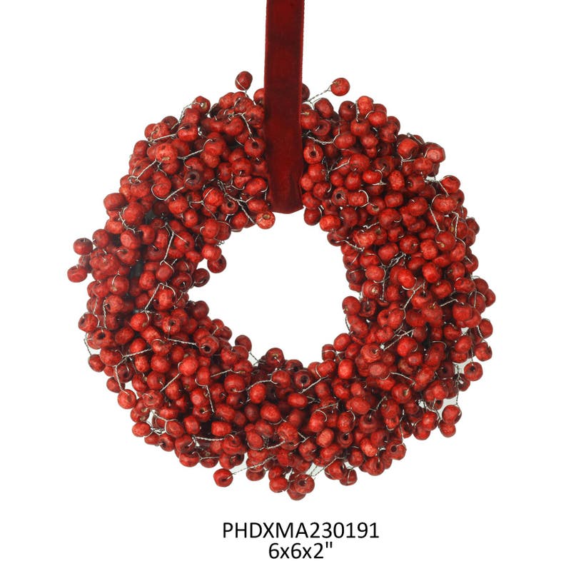 Red Berry Bead Wreath with Ribbon