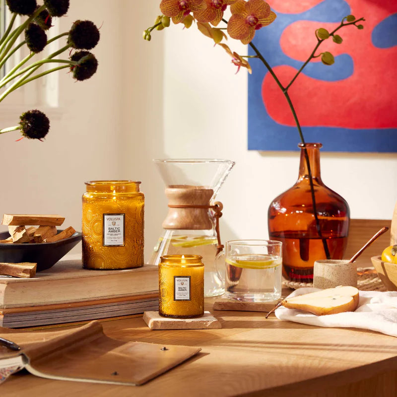 Voluspa Baltic Amber Candle product shoot.