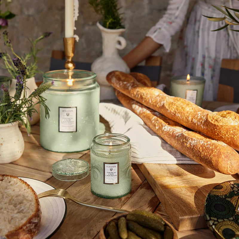 Voluspa French-cade lavender candle product shoot.