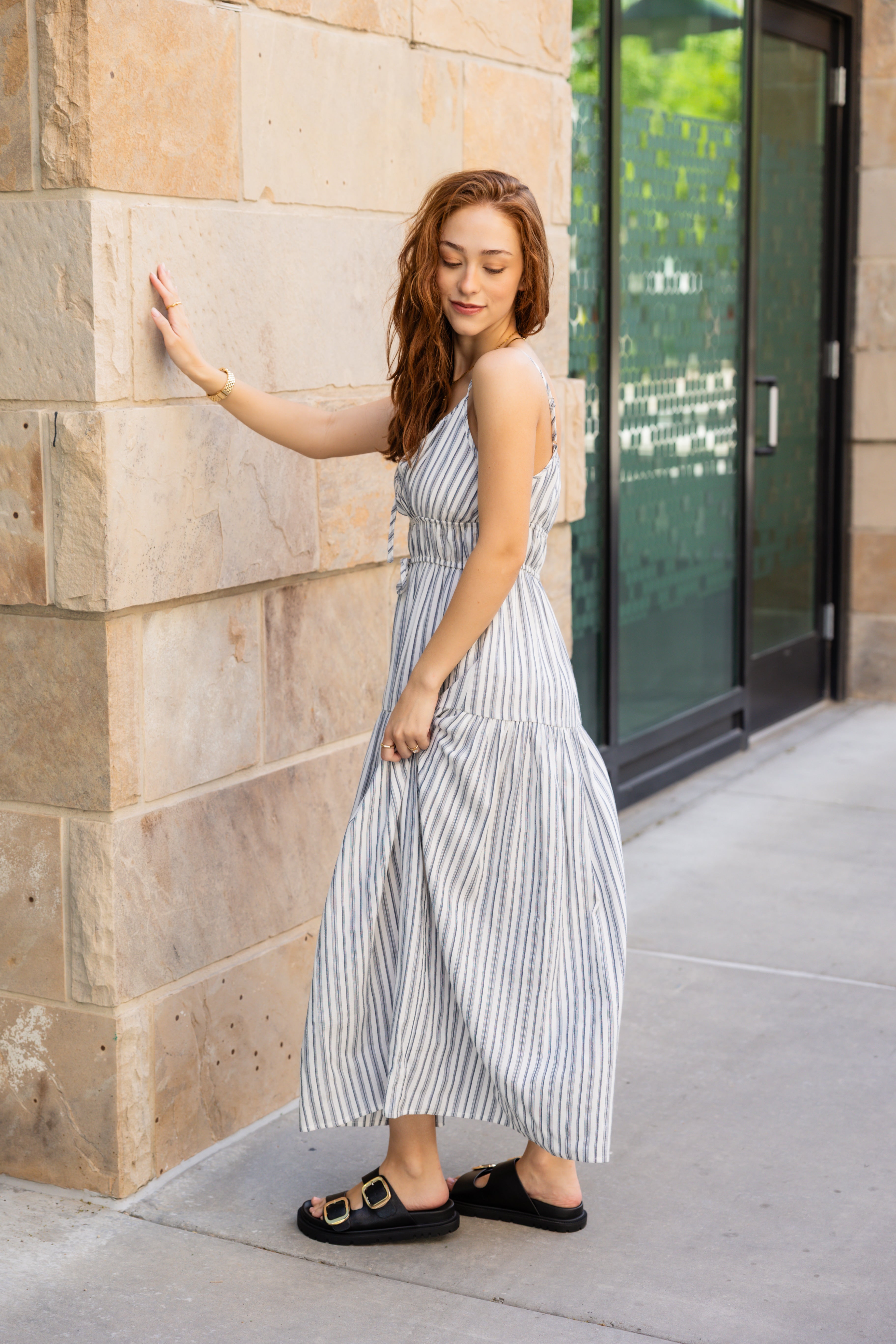 Striped midi dress tank straps scoop neckline with tied bows