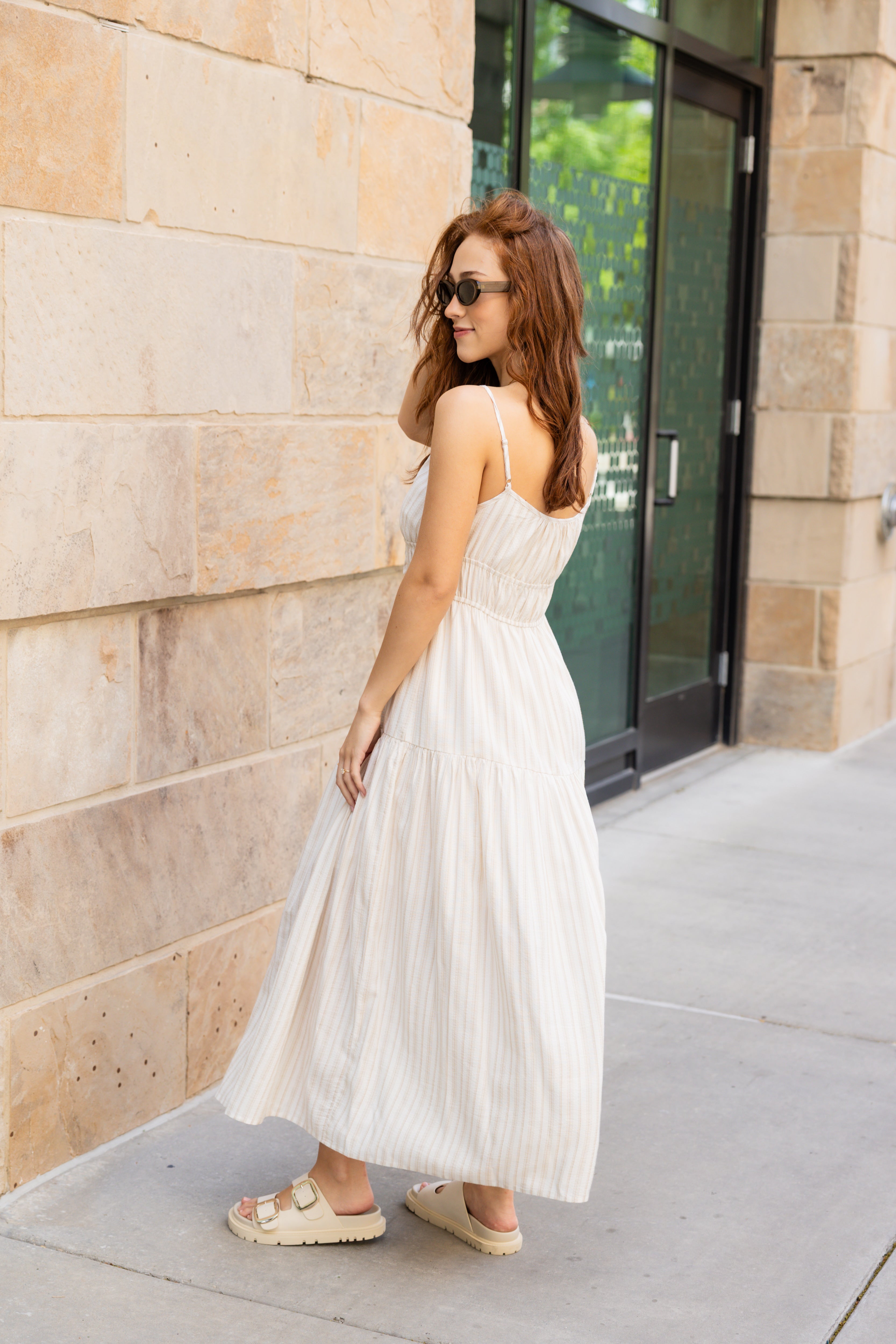 Striped midi dress tank straps scoop neckline with tied bows