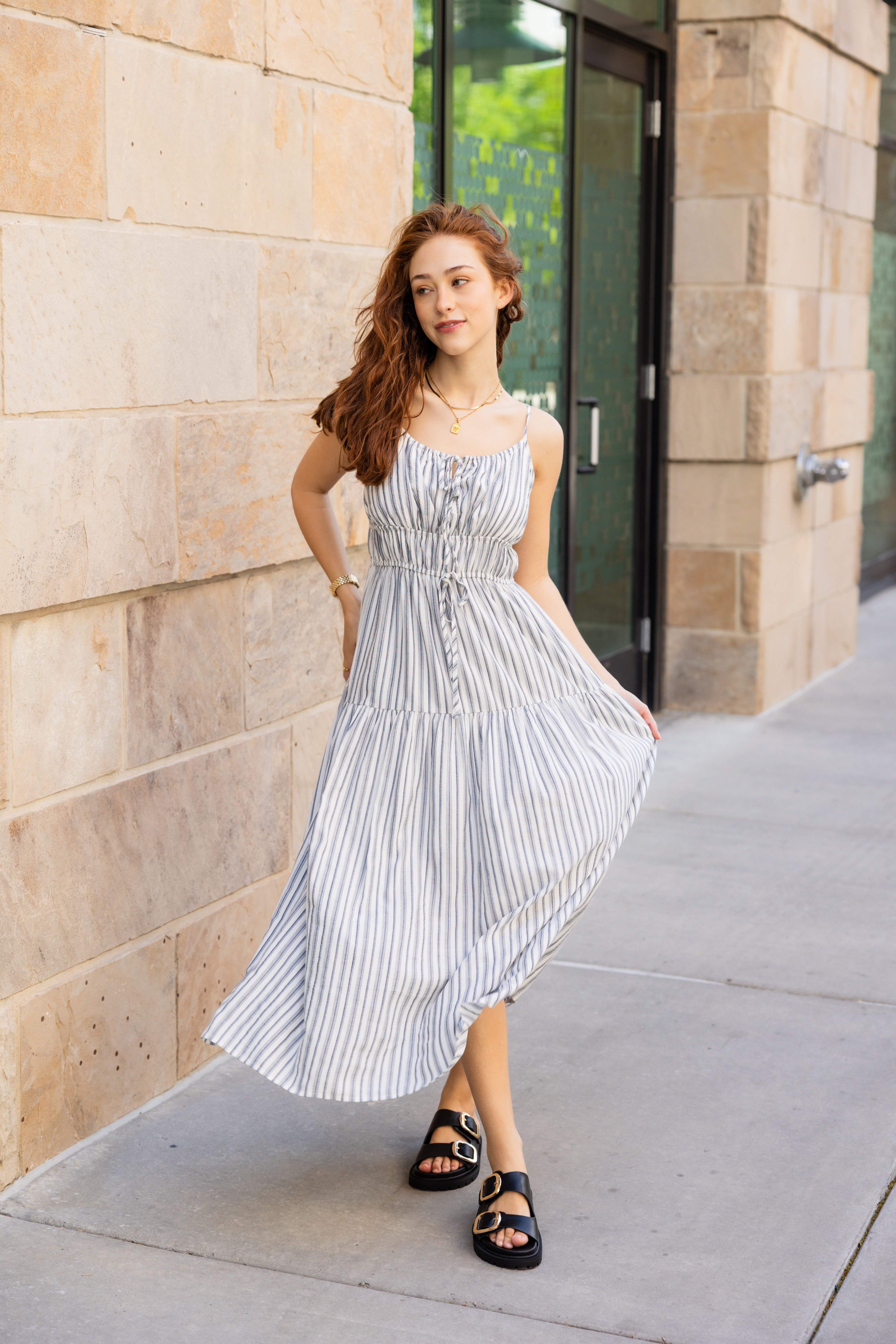 Striped midi dress tank straps scoop neckline with tied bows