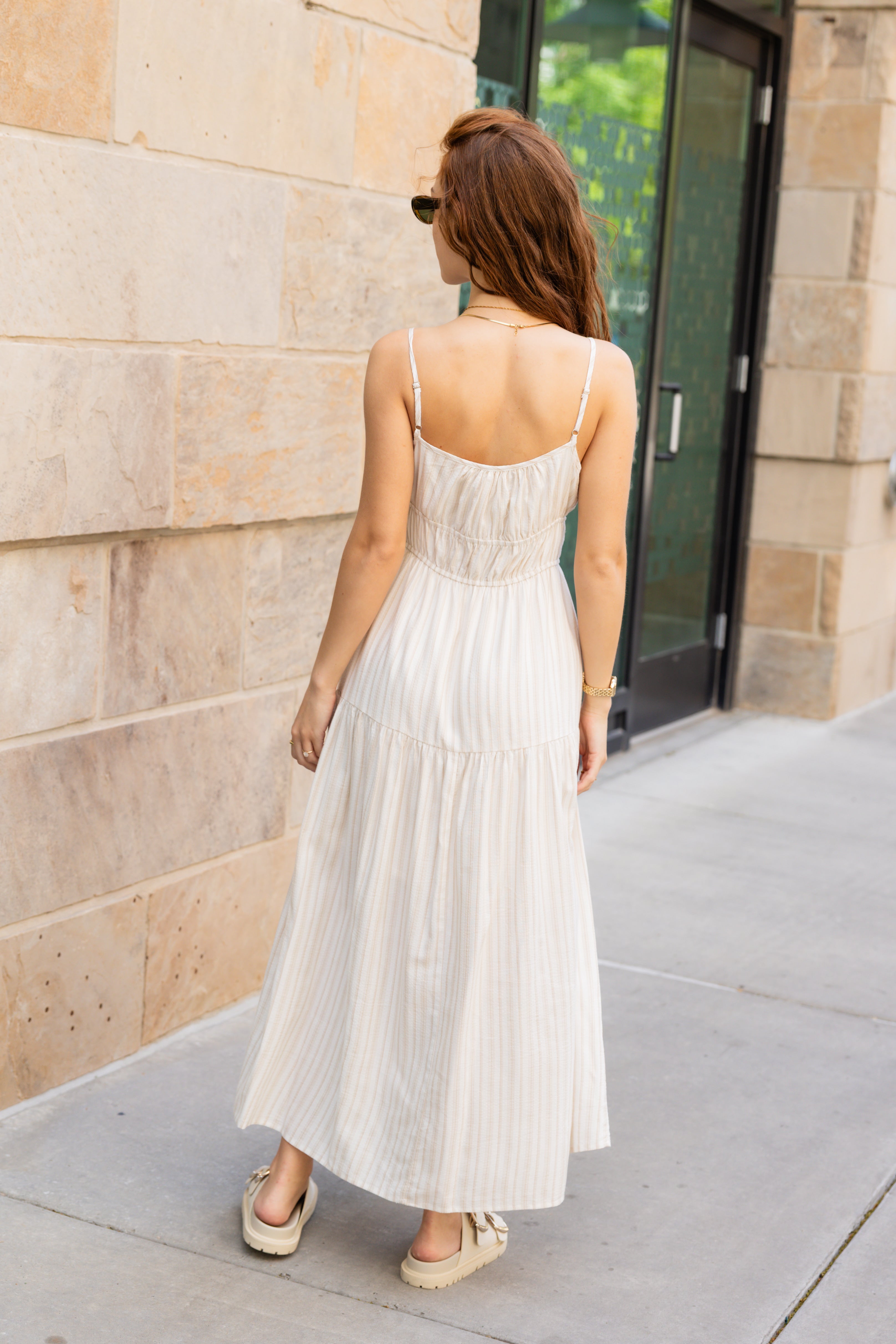 Striped midi dress tank straps scoop neckline with tied bows