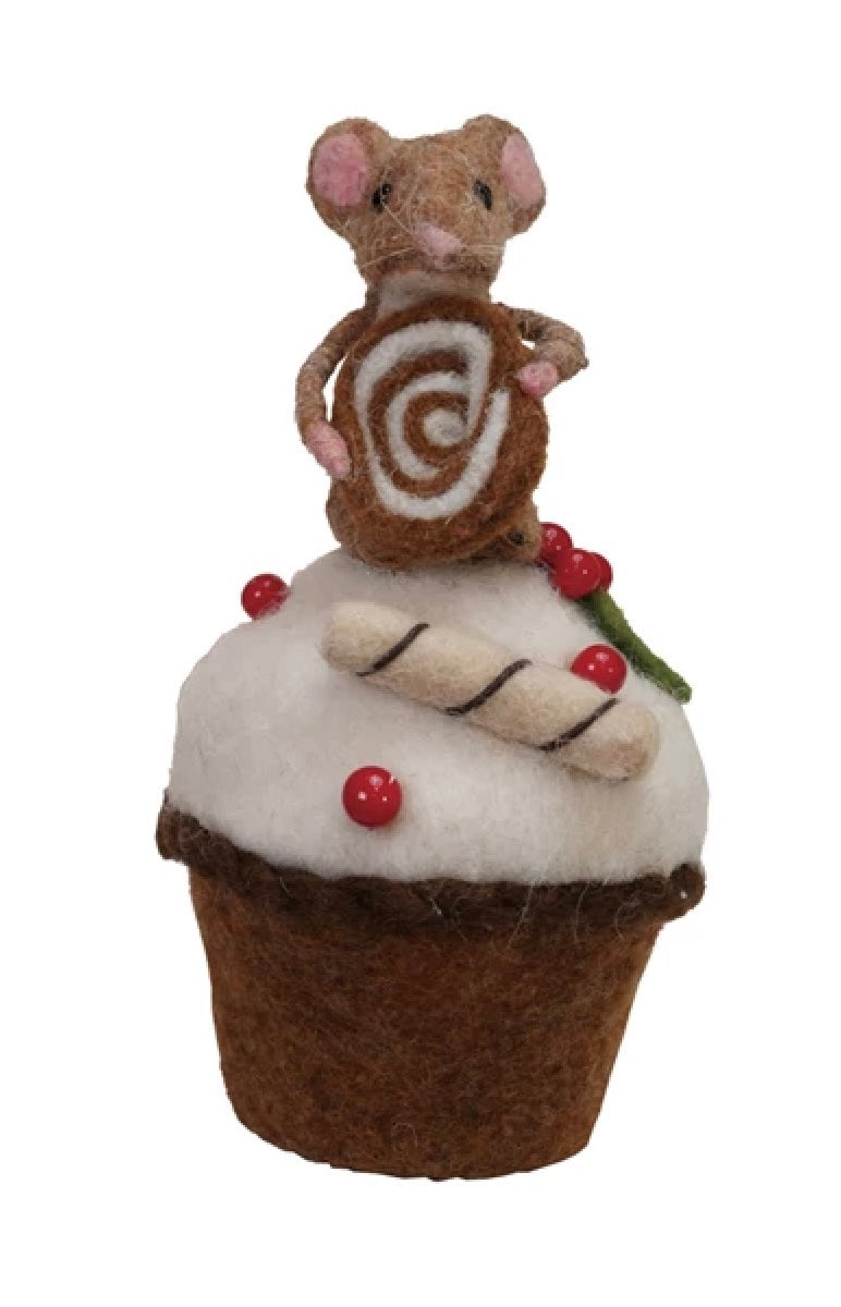 Handmade Wool Felt Mouse on Cake