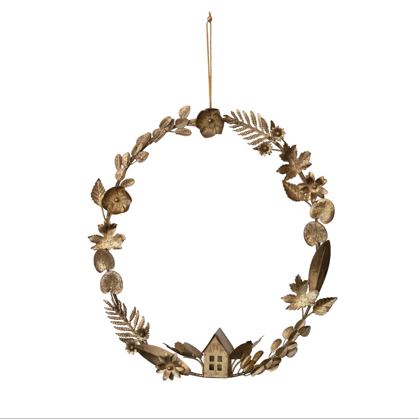 Decorative wreath with house and floral elements on a white background