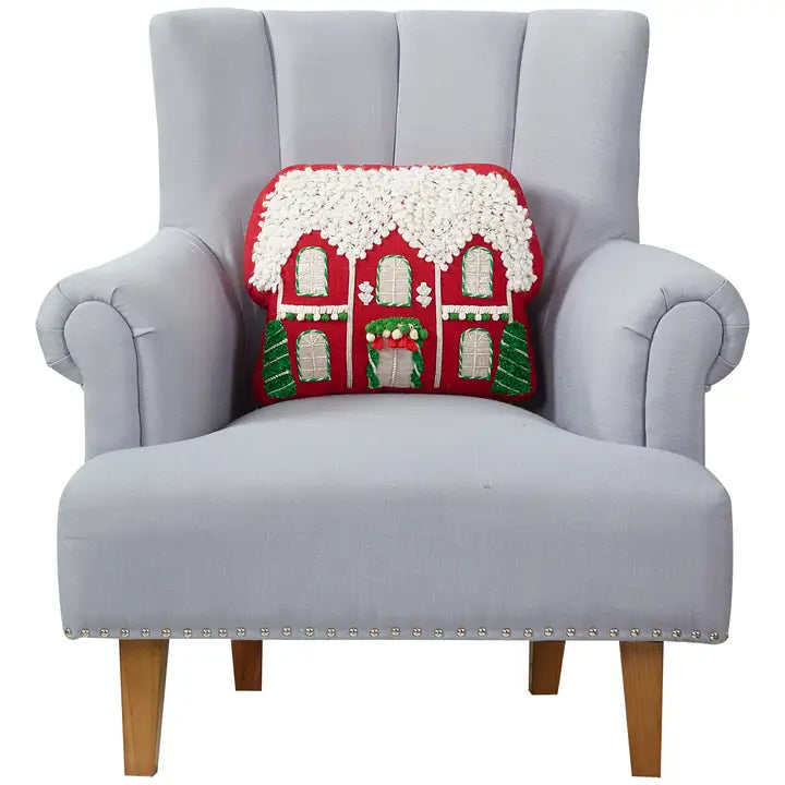 Red House with Poms Embroidered Applique Pillow