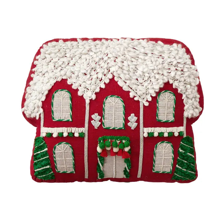 Red House with Poms Embroidered Applique Pillow