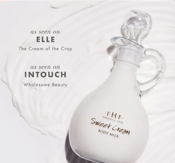 Product shoot of farmhouse fresh sweet cream body milk.
