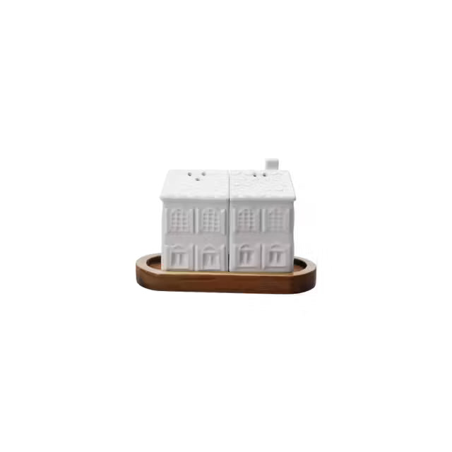 House Shaped Salt & Pepper Shakers with Wood Tray