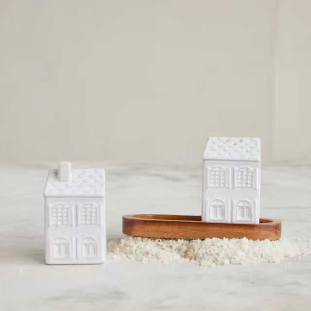 House Shaped Salt & Pepper Shakers with Wood Tray