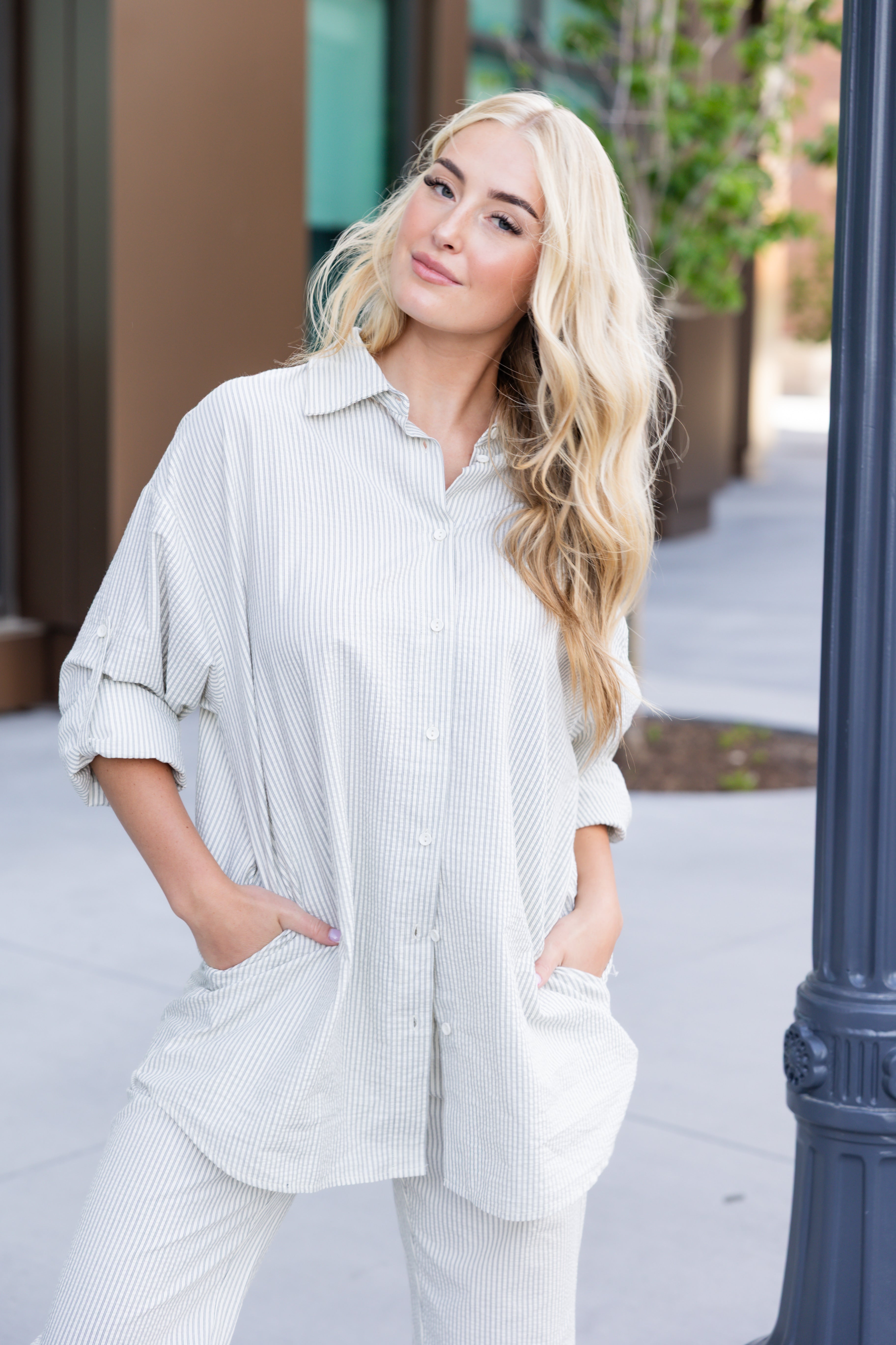 Linen oversized striped button up dress shirt