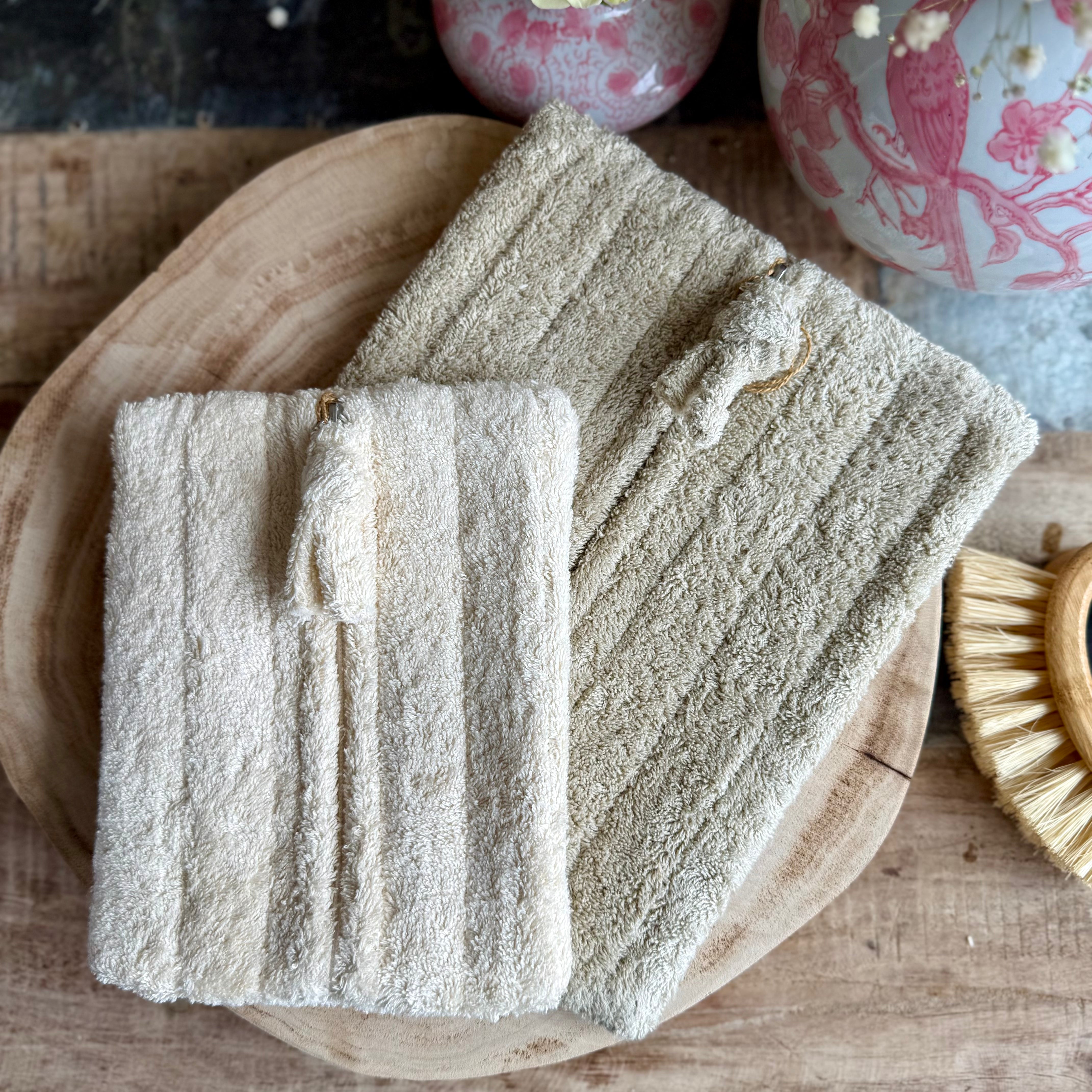 Product shoot of quilted cotton terry zip pouches.