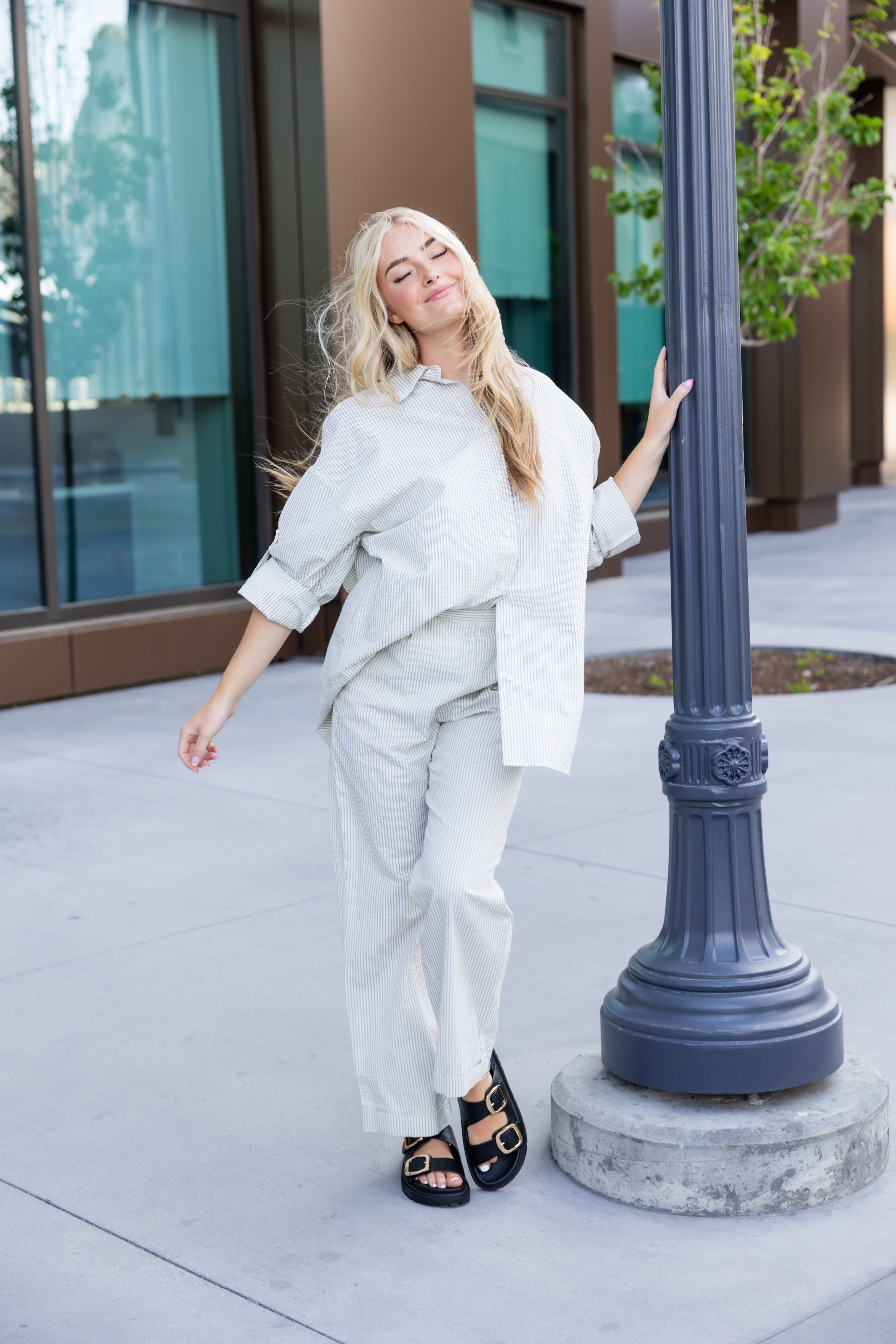 High waist linen striped straight leg trouser