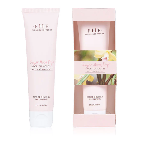 Product shoot of farmhouse fresh sugar moon dip back to youth ageless mousse.