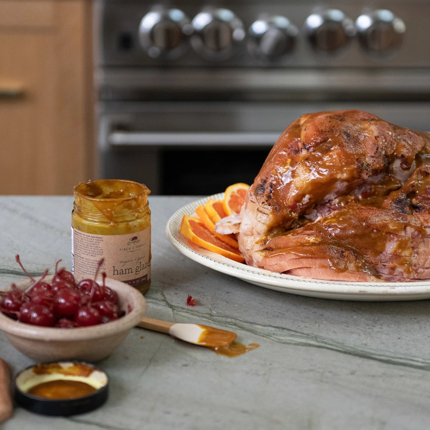 Product shoot of sugar and spice ham glaze.