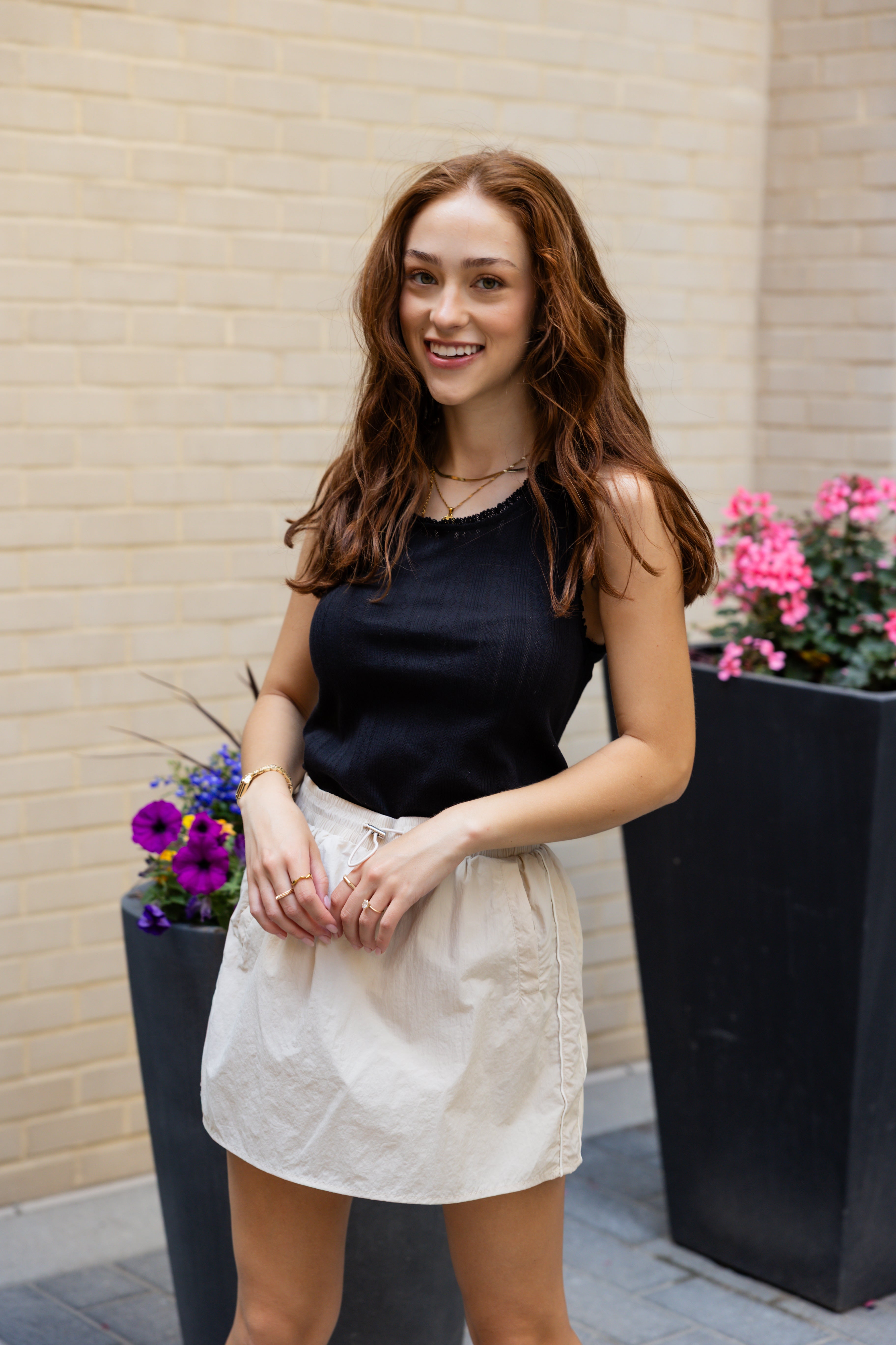 Lace and ruffle scoop neckline tank top.