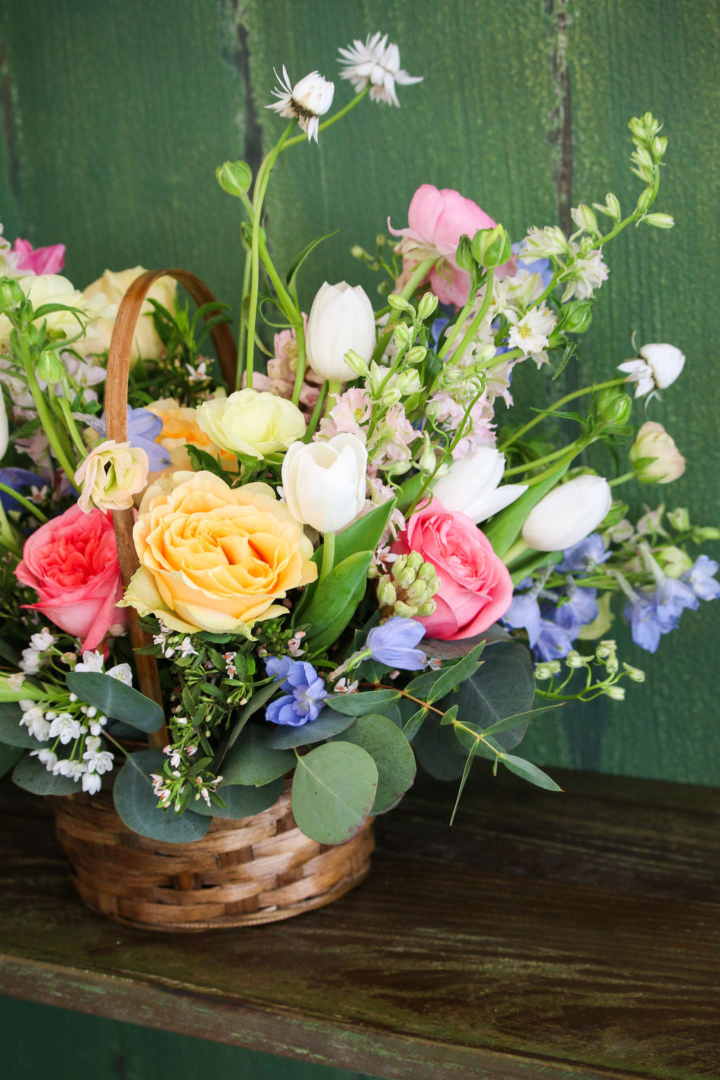 Colorful roses, greenery flowers bouquet.