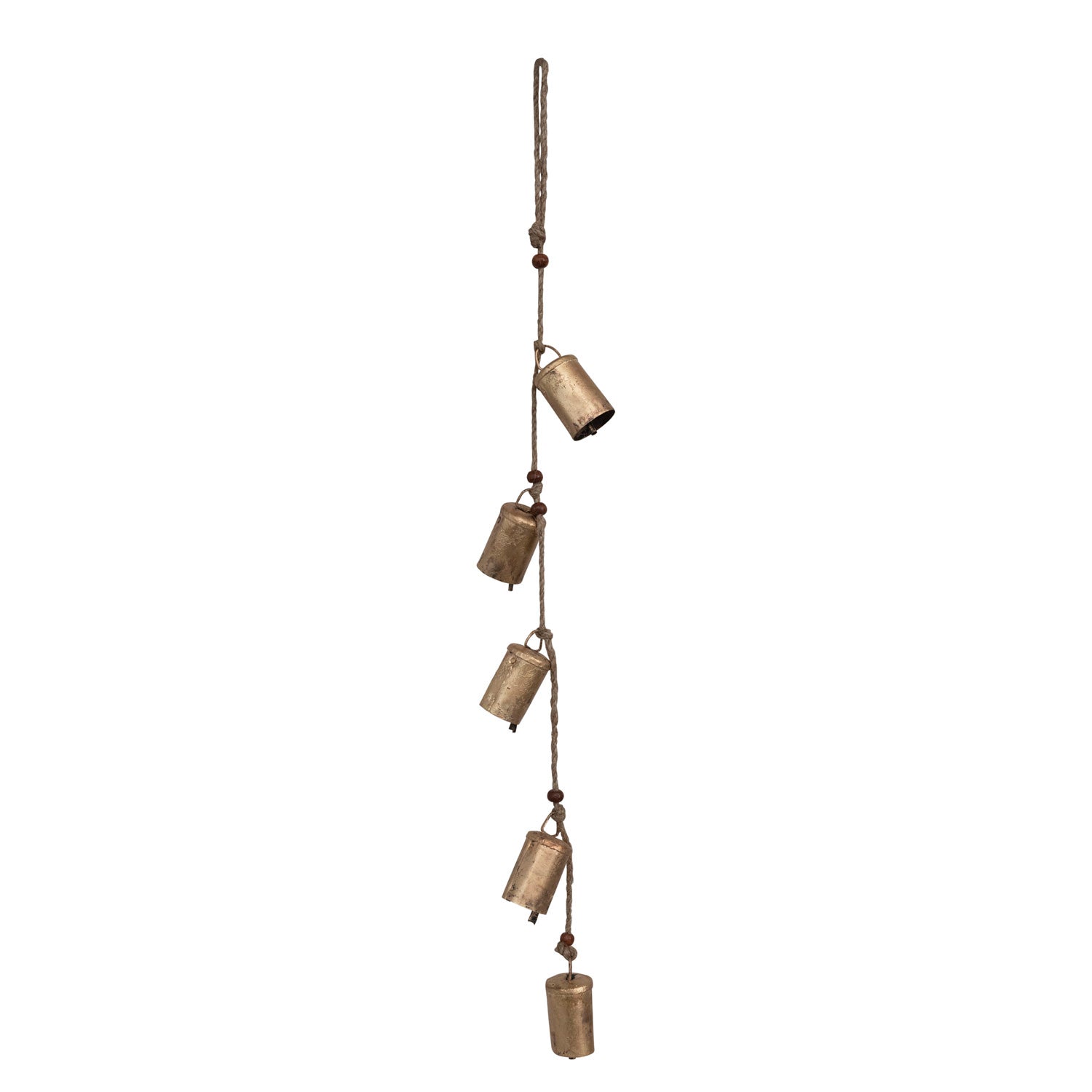 Hanging Metal Bells with Wood Beads on Jute Rope