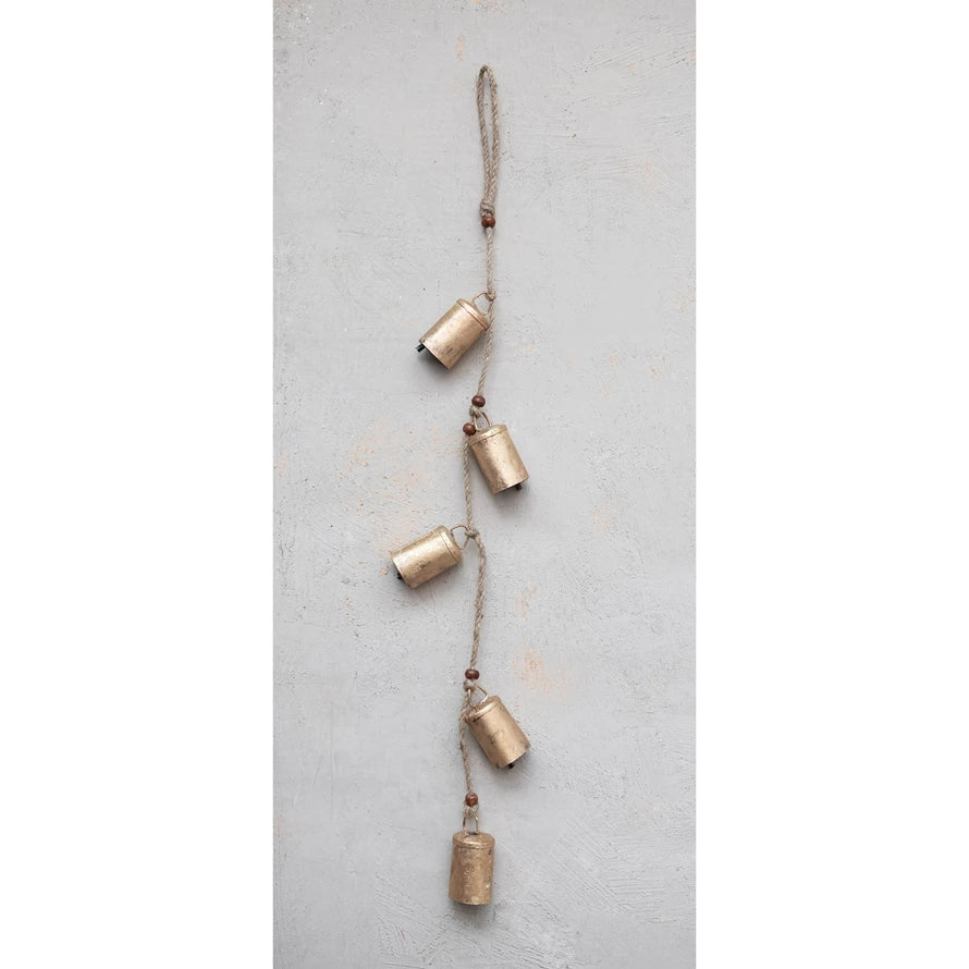 Hanging Metal Bells with Wood Beads on Jute Rope