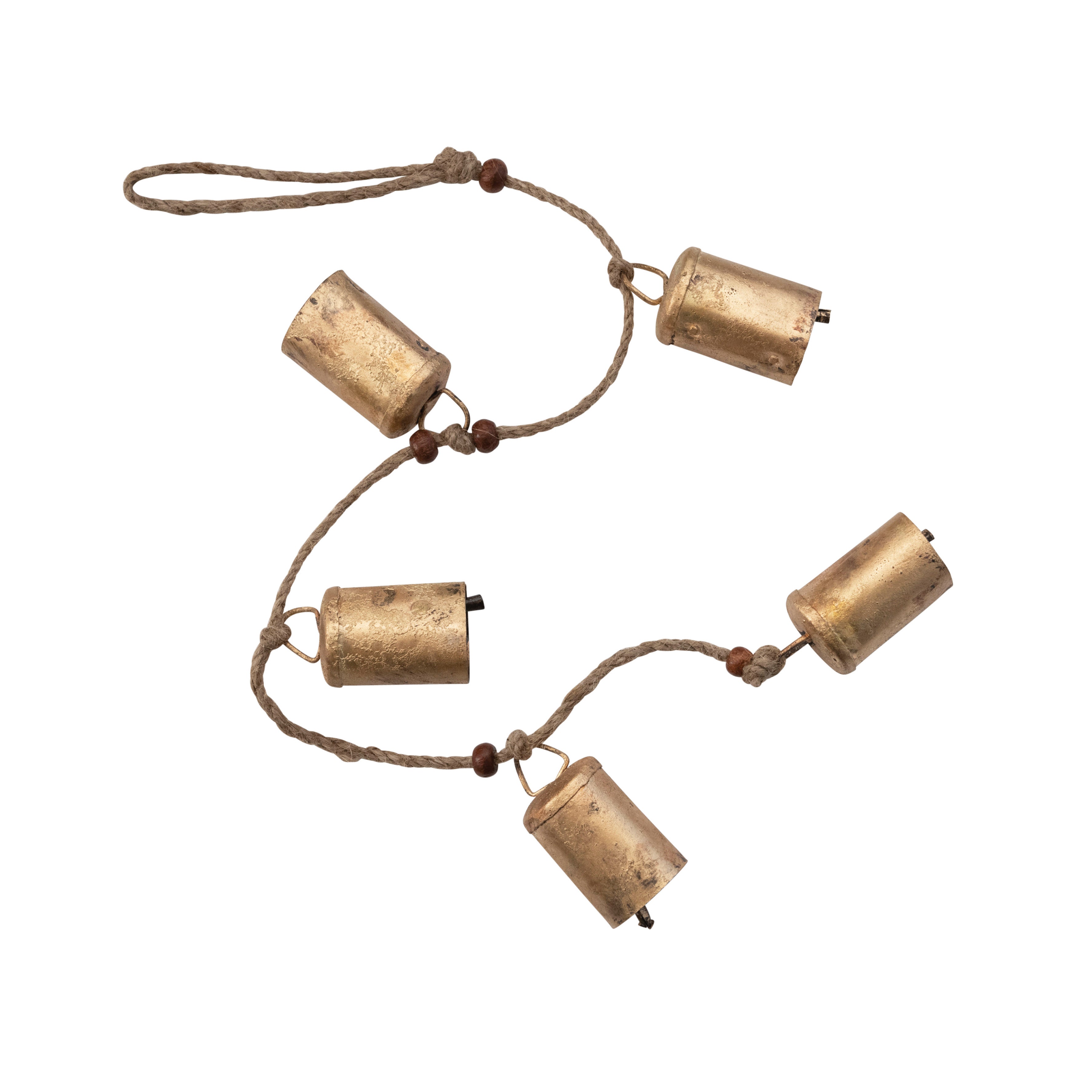 Hanging Metal Bells with Wood Beads on Jute Rope