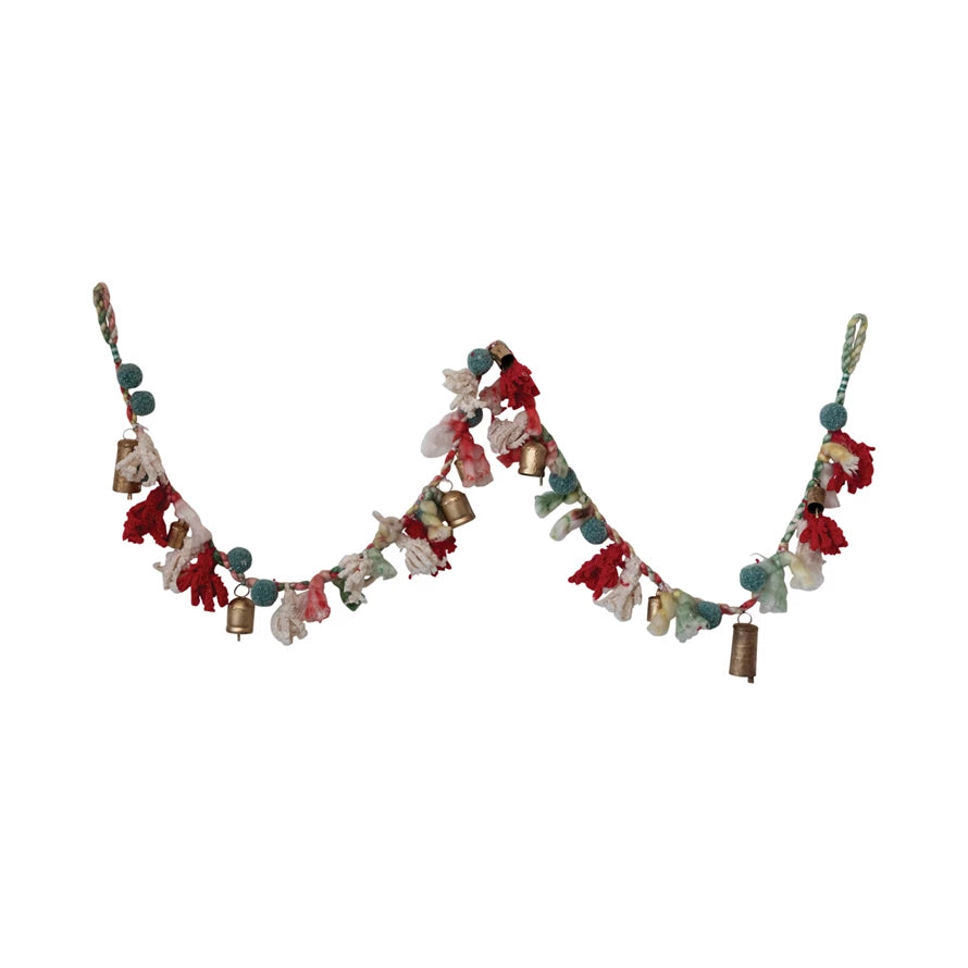 Handmade Wool & Cotton Blend Garland with Pom Poms & Bells