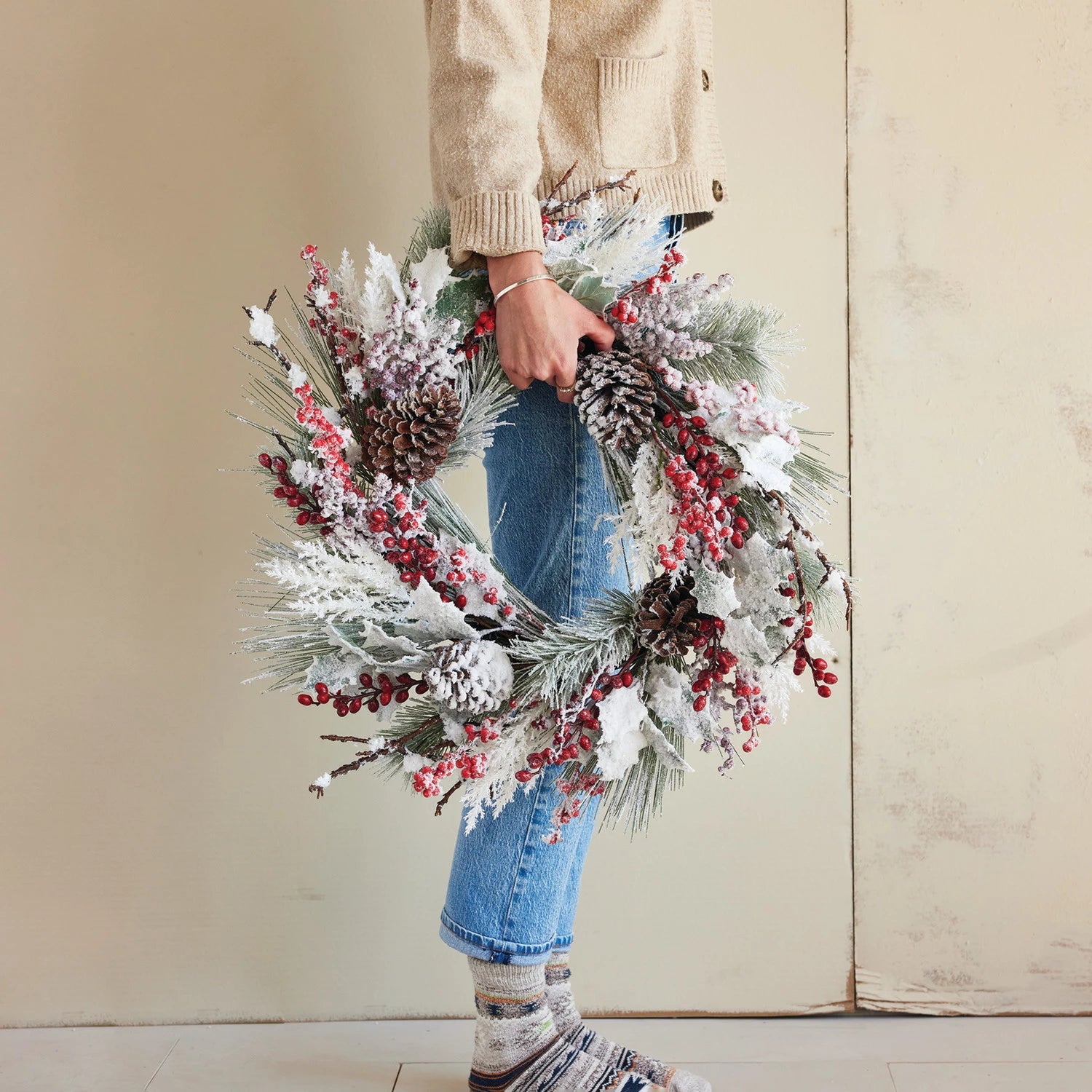 Faux Wreath with Berries and Snow Finish