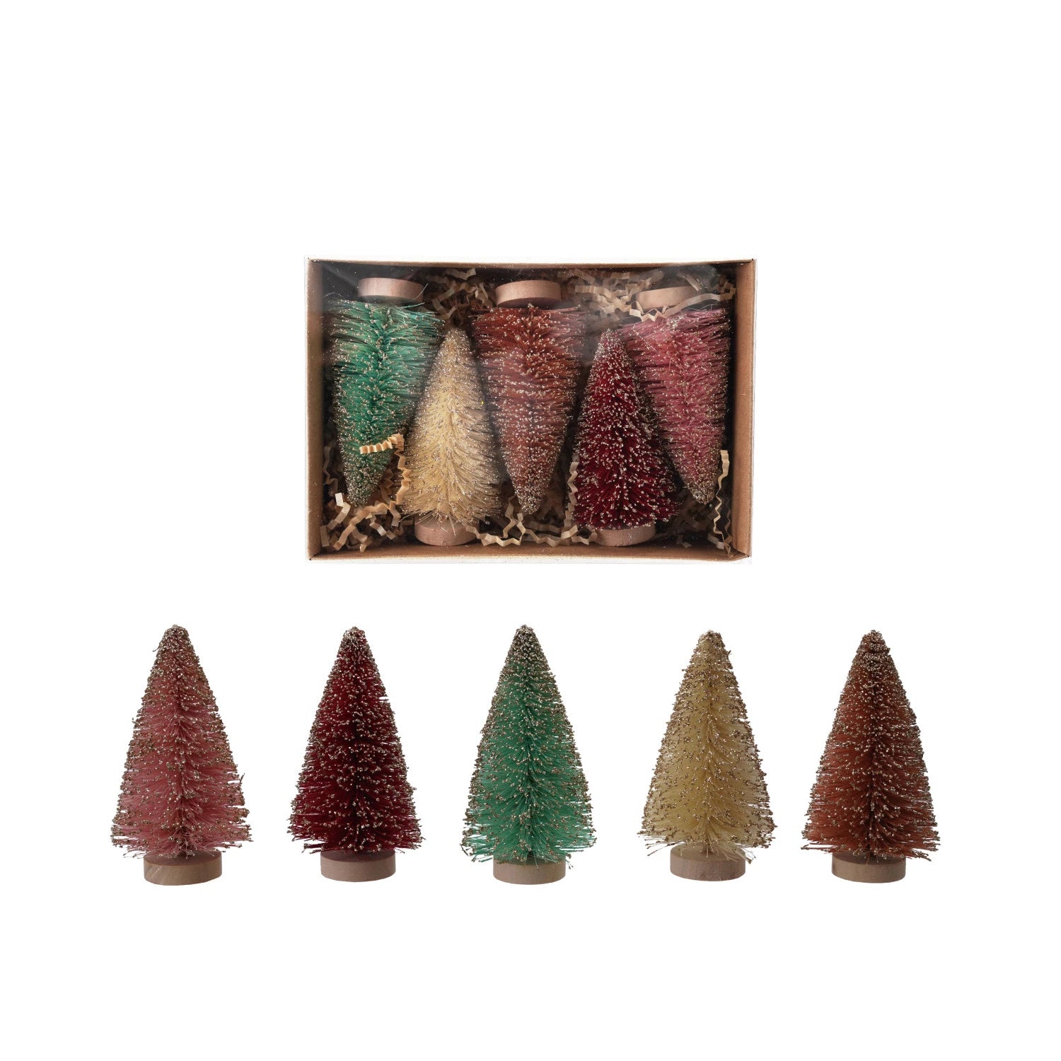 Sisal Bottle Brush Trees with Glitter & Wood Bases
