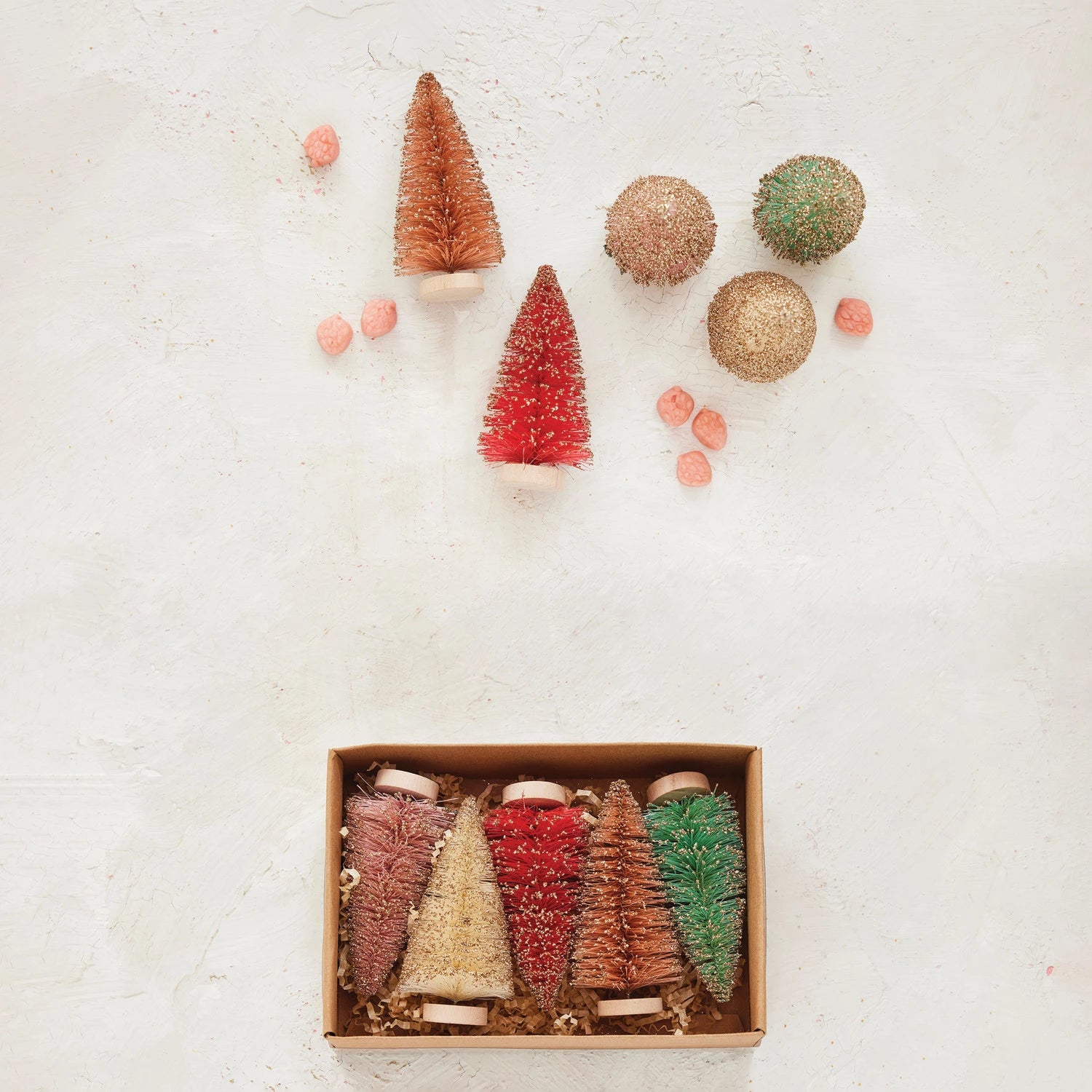 Sisal Bottle Brush Trees with Glitter & Wood Bases