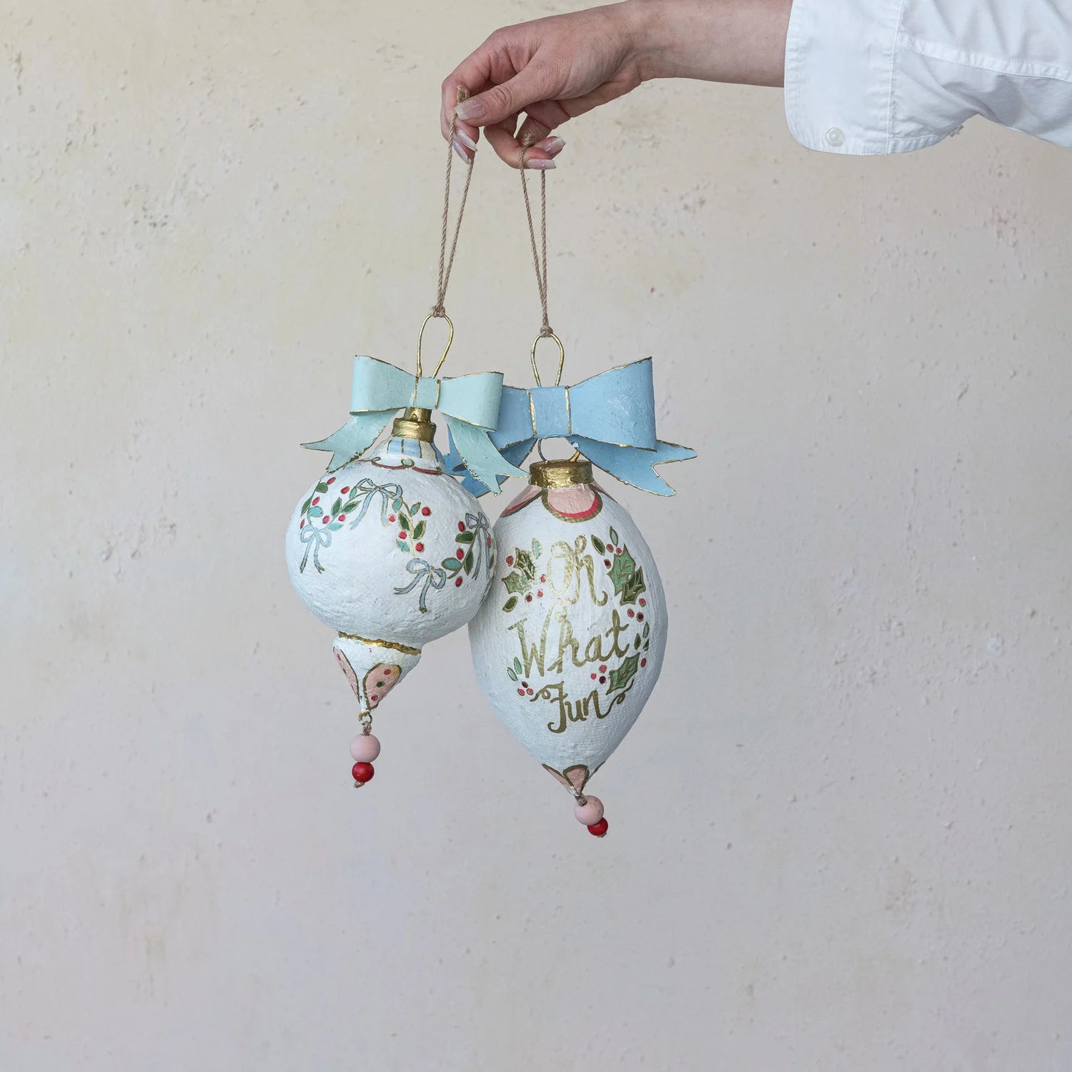 Hand-Painted Paper Mache Ornament with Bow
