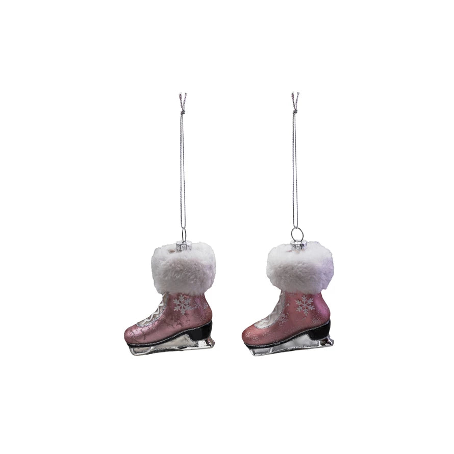 Glass Ice Skate Ornament with Fur Cuff