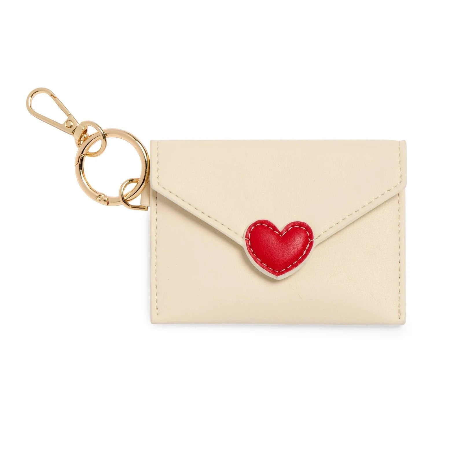 Beige cardholder with red heart and gold keychain on a white background