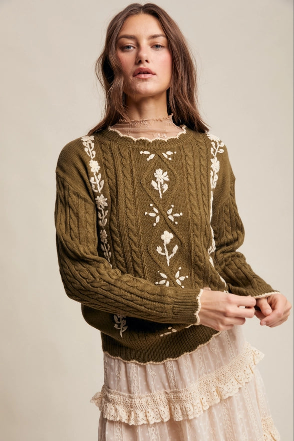 Woman wearing a brown sweater with floral patterns on a beige background