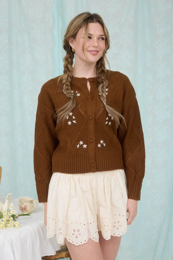Woman wearing a brown cardigan with star patterns and a white lace dress against a light blue background.
