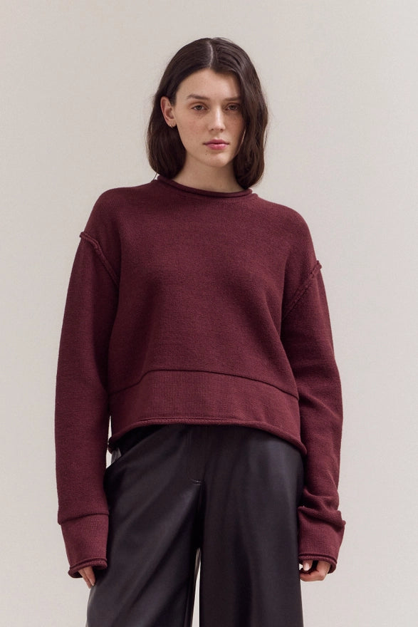 Person wearing a burgundy sweater and dark pants on a plain background
